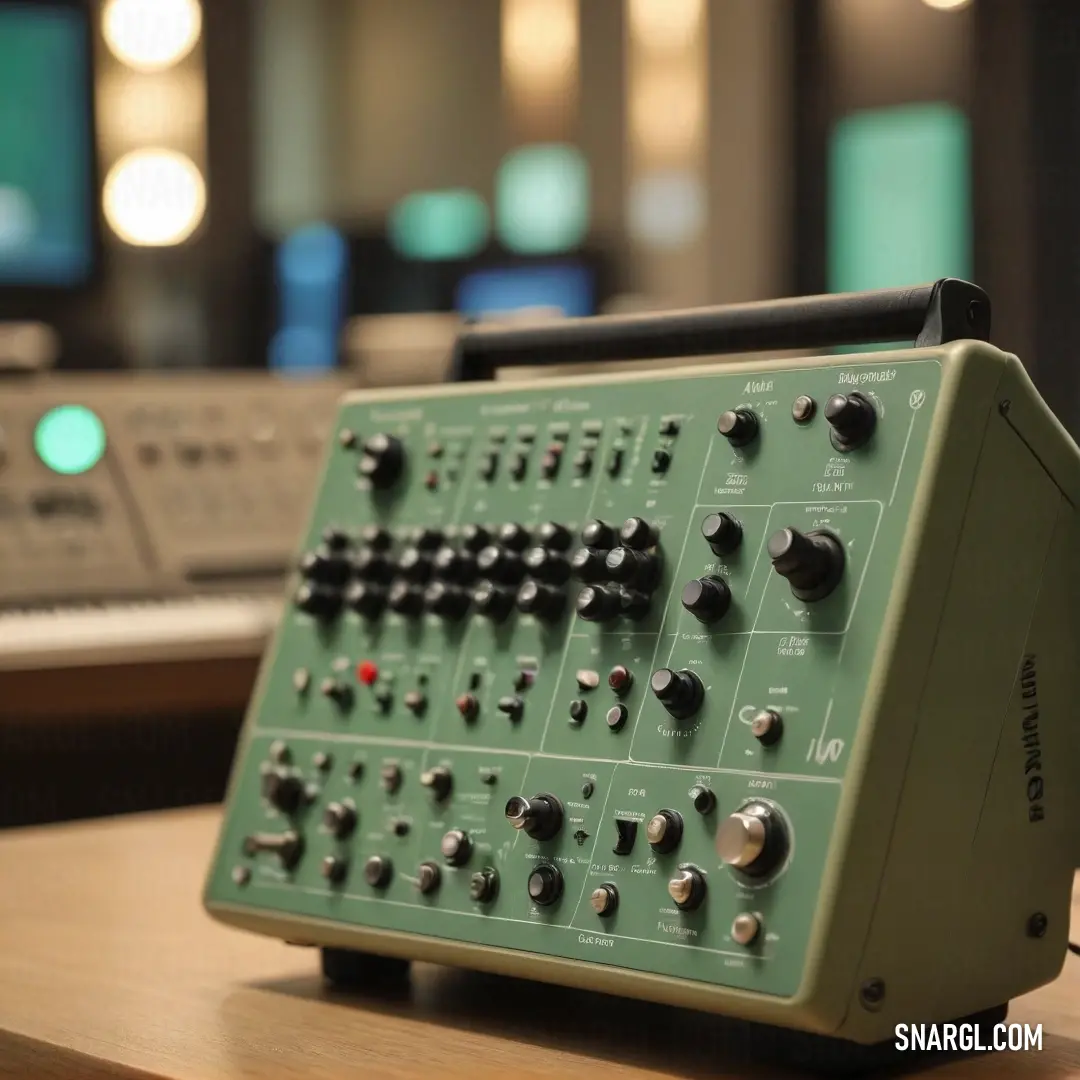 A sleek green and black control panel elegantly positioned on a modern desk beside a computer keyboard and monitor. The subtle lighting highlights its intricate buttons and futuristic design, creating a perfect blend of technology and style.