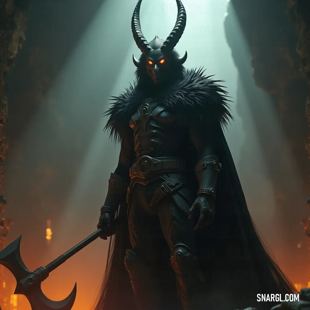 A formidable man clad in a horned attire, wielding a massive axe, stands in a mystical cave illuminated by enchanting lights. A small demon perched on his shoulder adds an air of intrigue to this gripping moment.