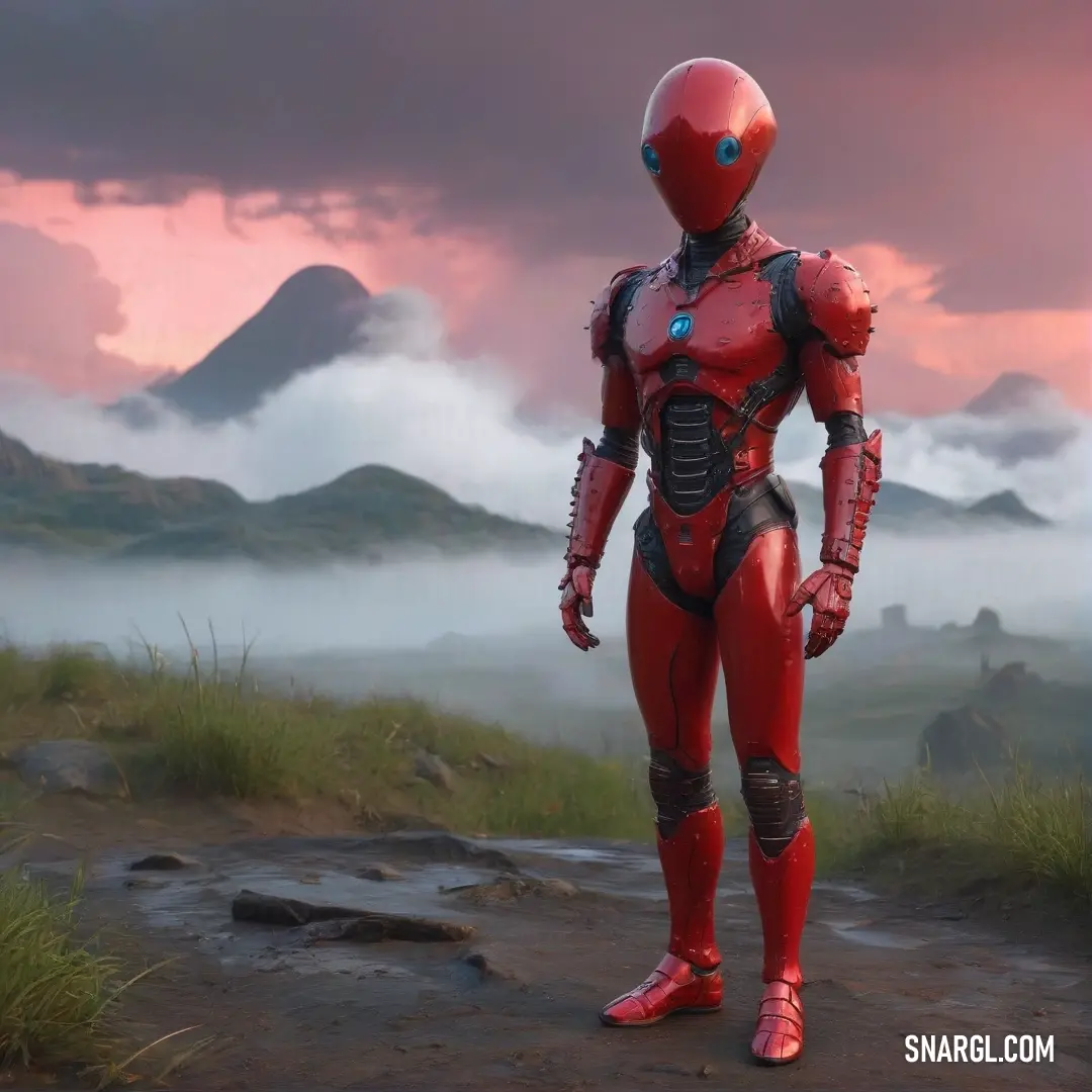 A man in a vibrant red suit stands on a winding dirt road, framed by a dramatic mountain range. Above him, clouds swirl against a backdrop of a dreamy pink sky as the sun begins to set, casting a warm glow over the scene.