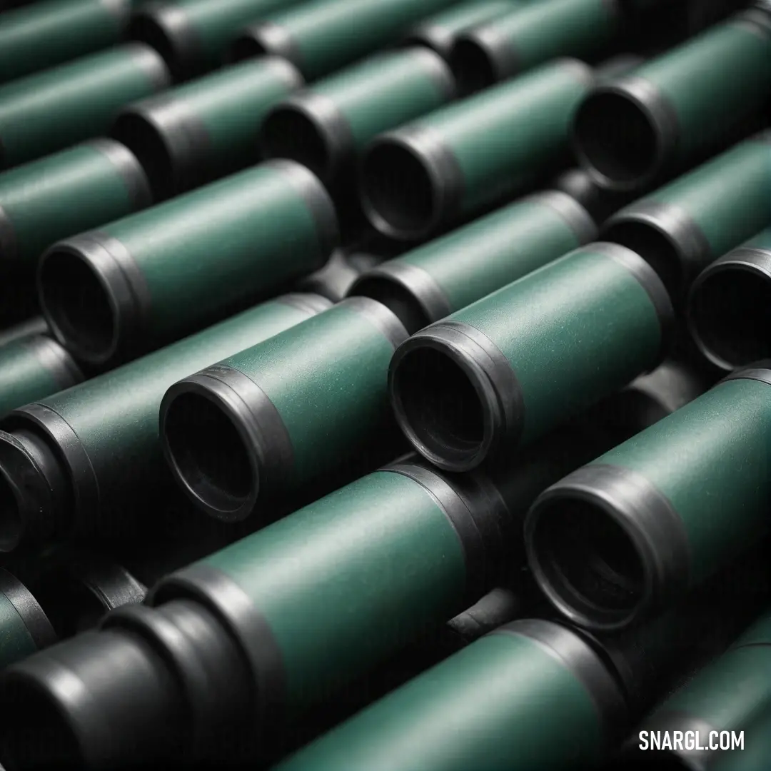 A vibrant gathering of lush green pipes stacked high in an industrial setting, contrasting sharply against a dark backdrop, showcasing the rich hue of PANTONE 3435 and highlighting their texture and sheen.