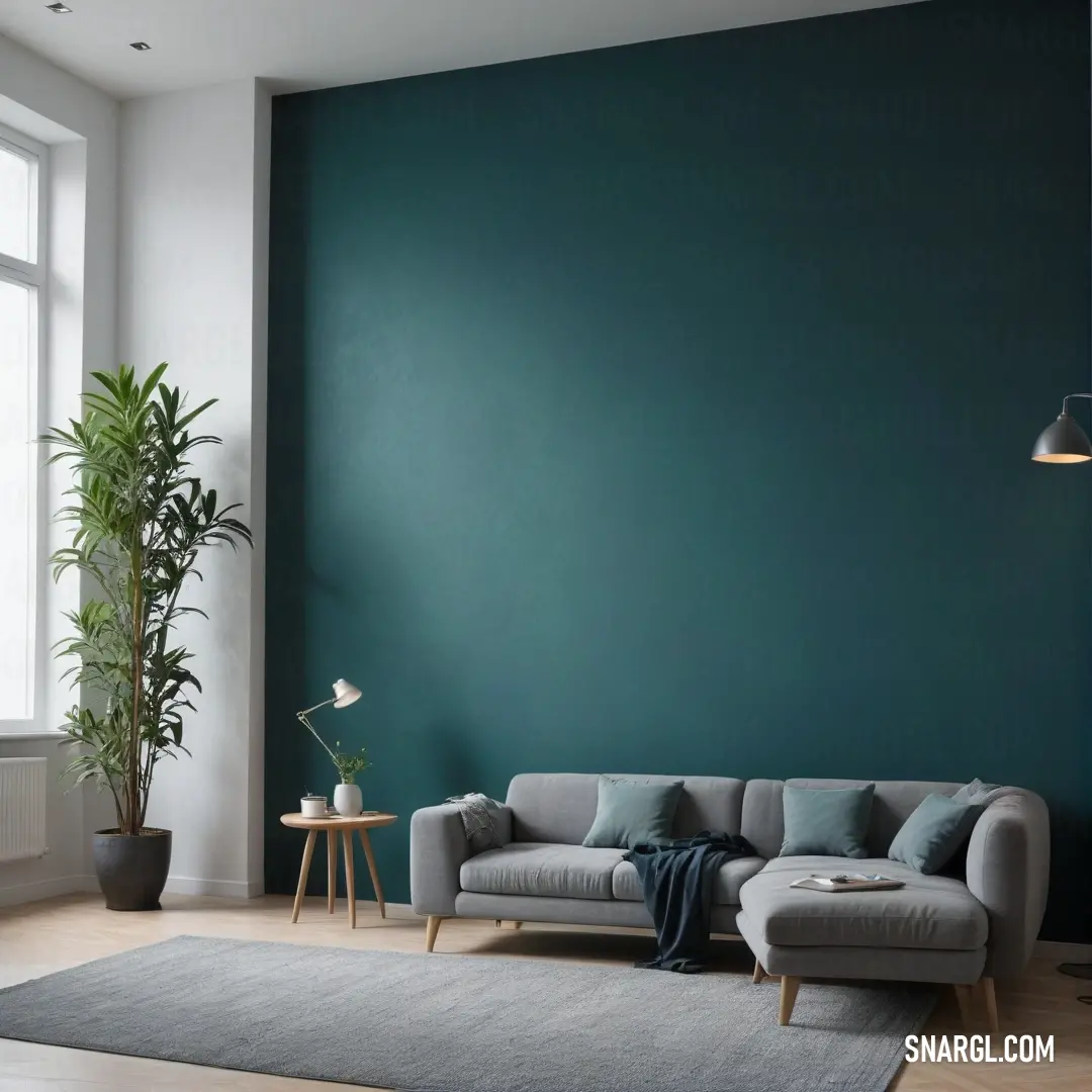 A bright and inviting living room with a cozy couch and a soft rug positioned in front of a window. The green walls and vibrant potted plant complement the natural light, creating a warm and welcoming environment.