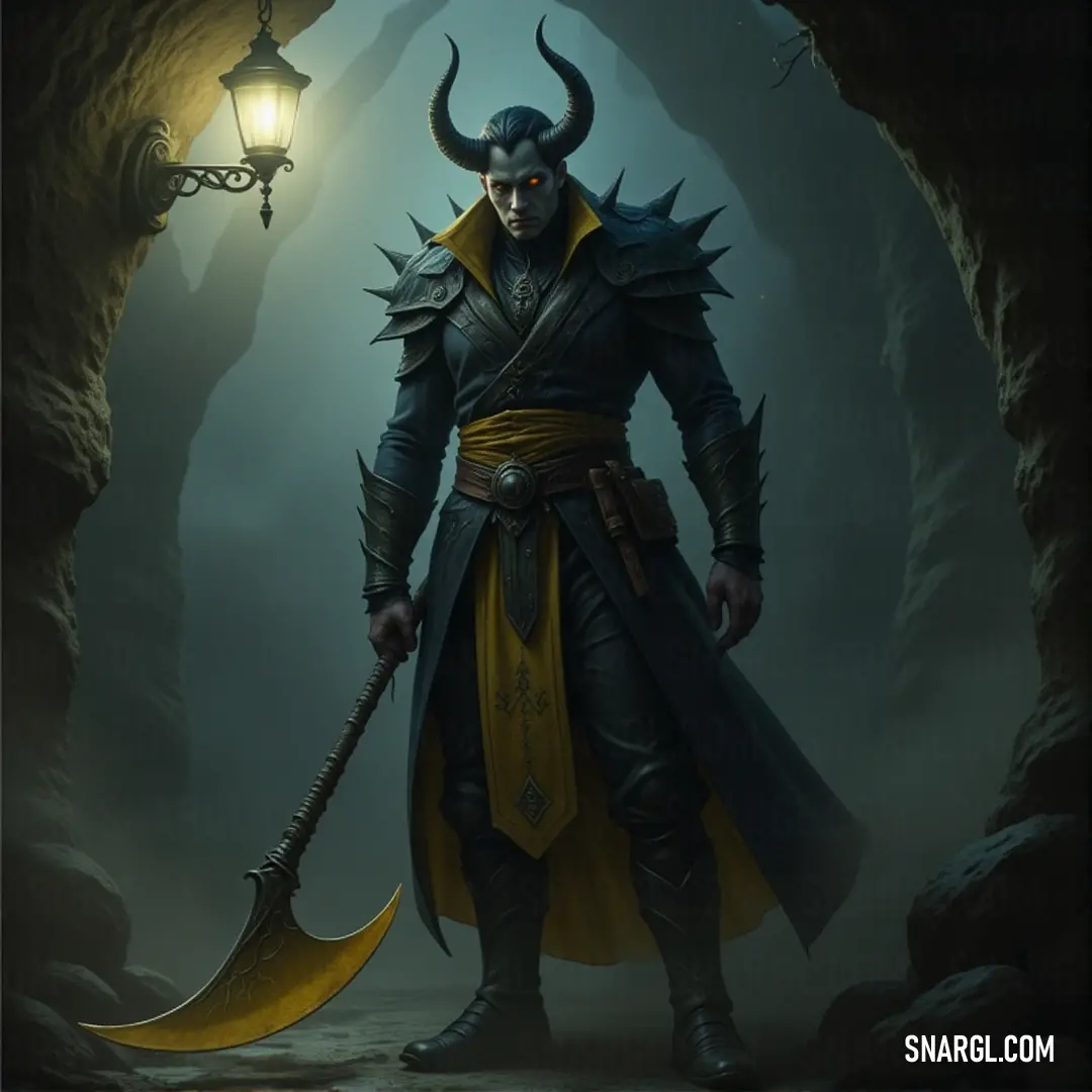 A brave warrior, draped in a horned costume, grips a large axe tightly as he stands in a cave, illuminated by a soft light from the side, revealing the intricate details of his imposing figure.