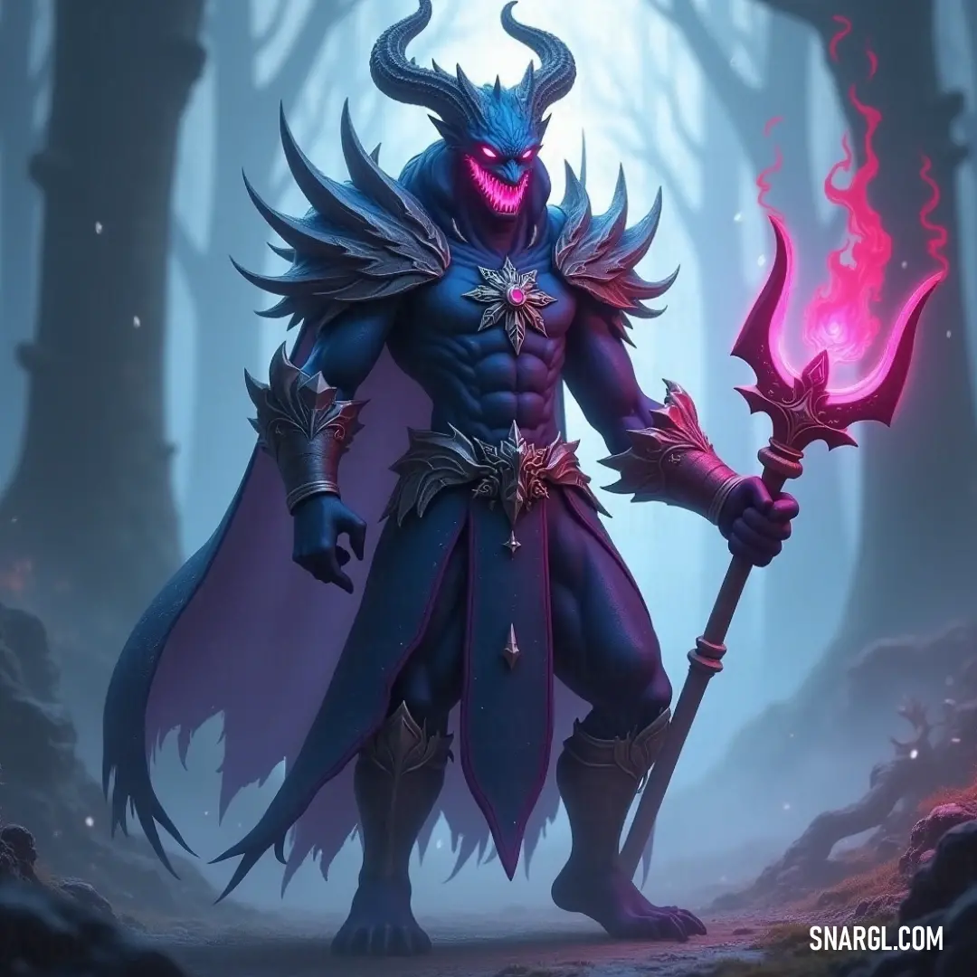 A dramatic figure stands with a horned head, cradling a flickering pink flame, as trees and rugged rocks create a lush forest backdrop. The vibrant colors seamlessly blend to create a captivating atmosphere.