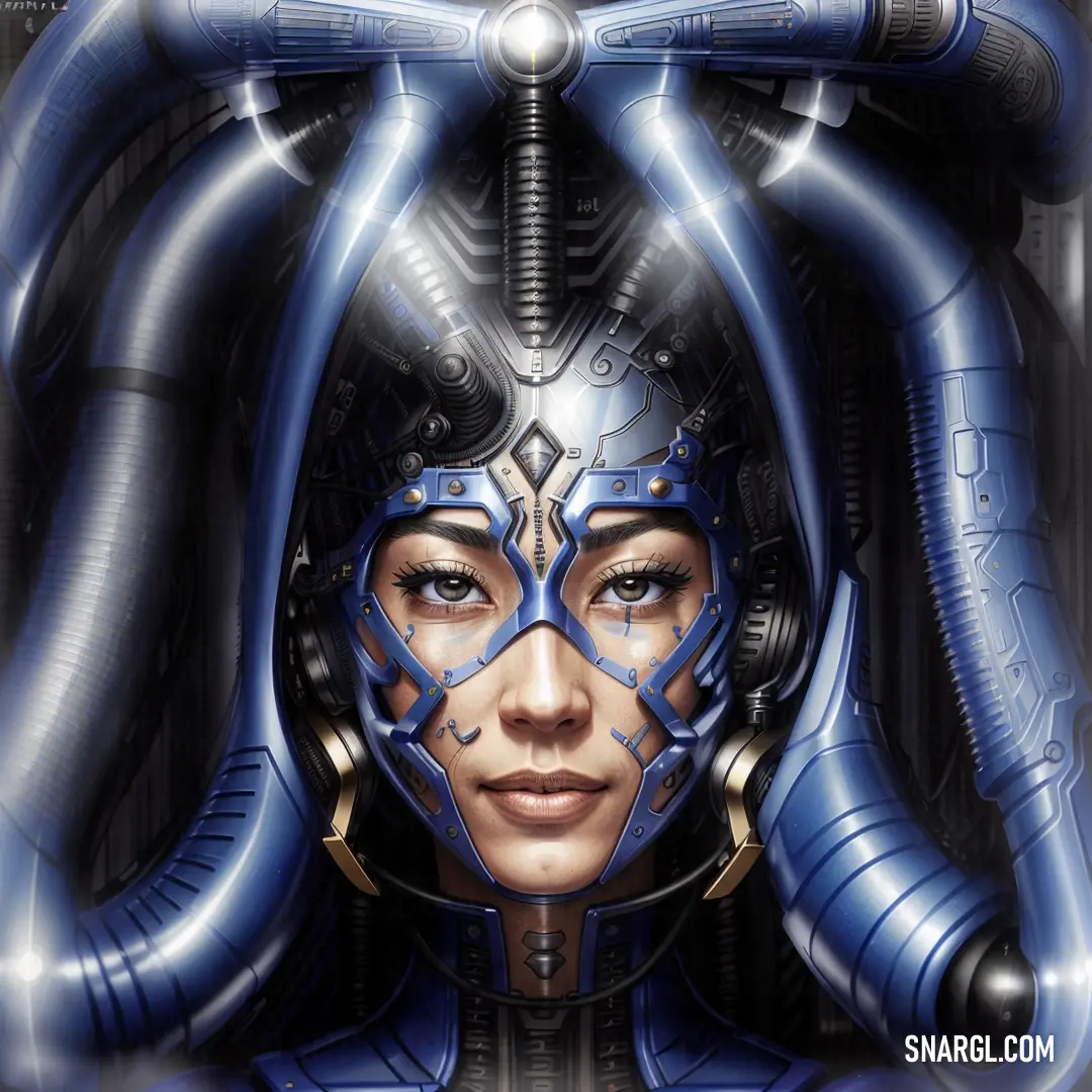 A woman in a sleek, futuristic helmet with striking blue hair stands confidently. The helmet's reflective surface catches the light, highlighting her strong and bold presence, evoking a sense of mystery and power in a world beyond time.