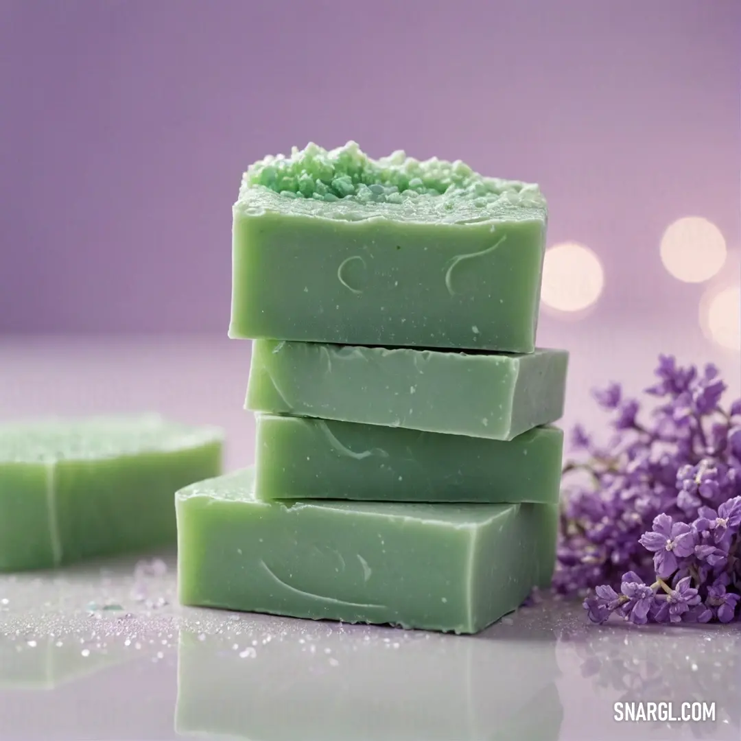 An elegant stack of soap bars placed harmoniously next to a beautiful purple flower on a well-worn table, embodying a sense of peace and natural beauty that invites indulgence.