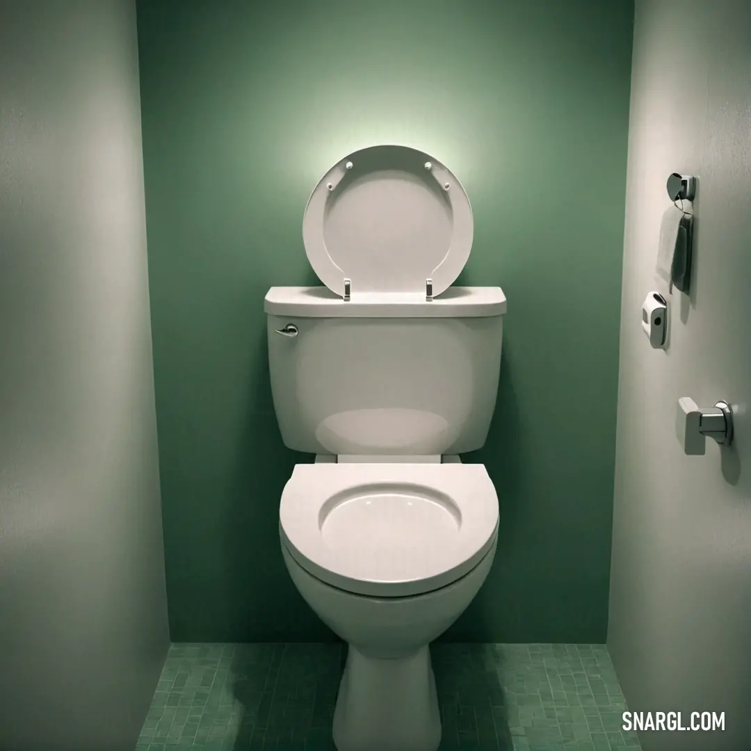 A modern bathroom with a green wall and a white toilet seat, set against a matching green floor and walls. The combination of the natural RGB 36, 84, 61 hue and the bright white elements creates a balanced, clean aesthetic.