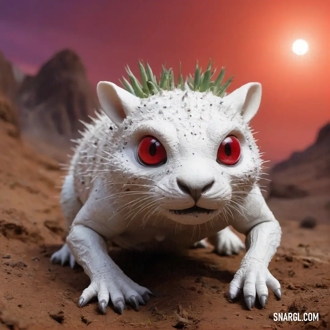 A pristine white cat reclining on rich brown soil, surrounded by mountainous vistas in the distance. Its vivid red eyes create a striking contrast, making for an awe-inspiring portrayal of beauty and tranquility, inspired by PANTONE 3435.