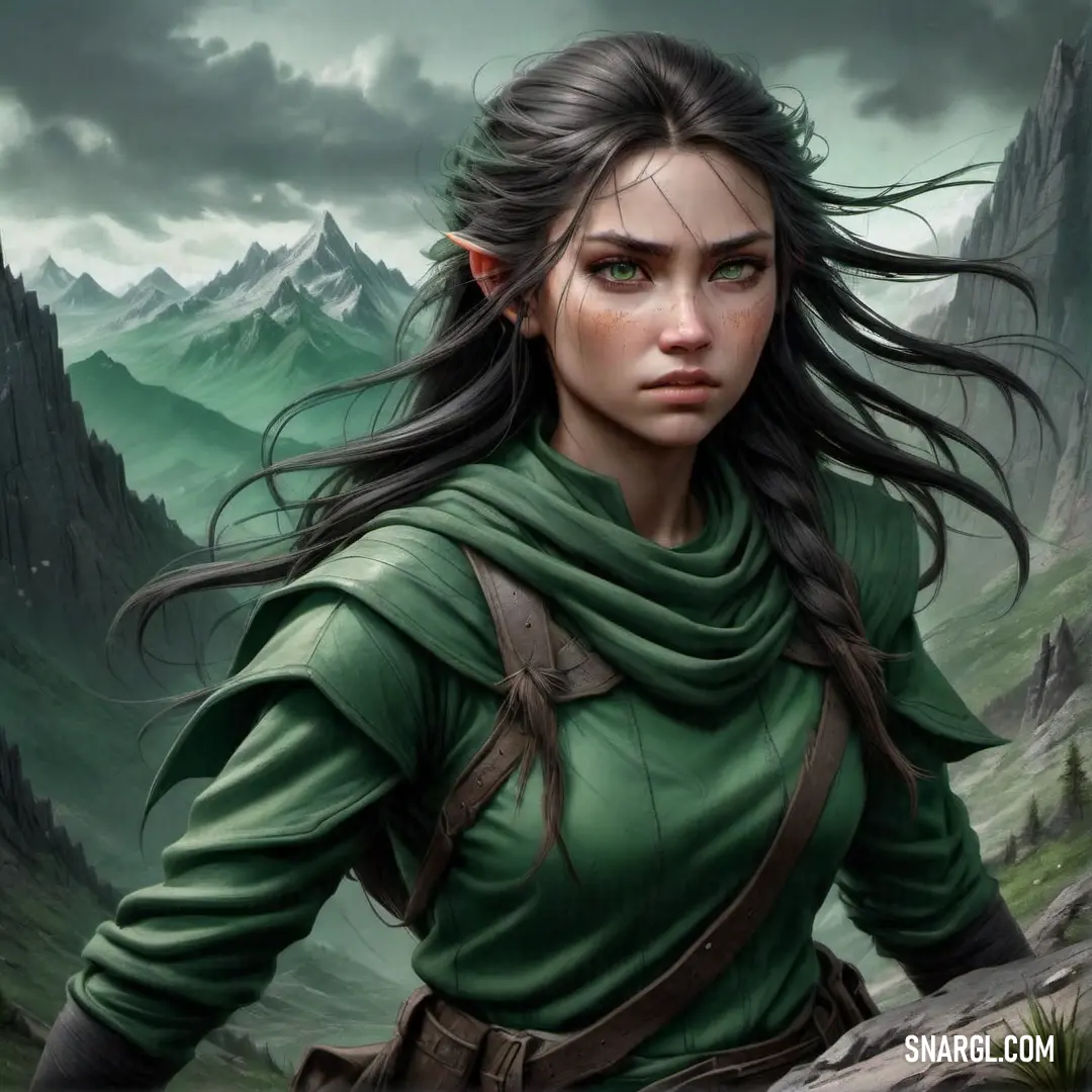 Woman in a green outfit standing in front of a mountain range with a green cloak on her shoulders. Example of CMYK 93,24,85,68 color.