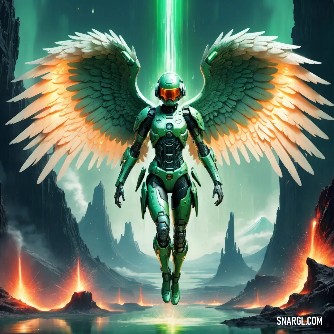 Man with wings and a halo on his head walking through a cave with a green light in his hand. Color CMYK 43,0,41,0.