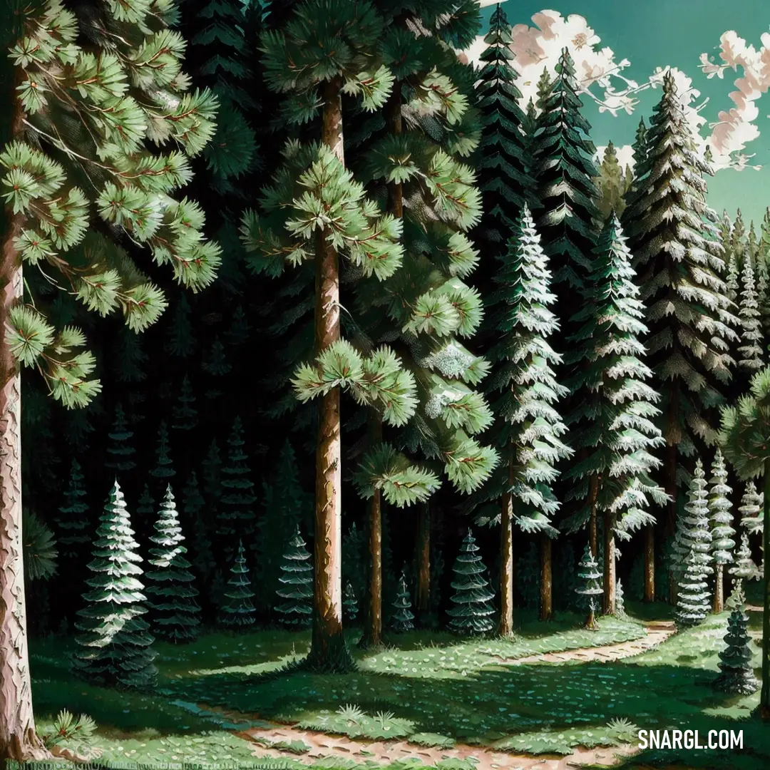 Painting of a forest with trees and a path leading to a forest with a sky background. Example of CMYK 43,0,41,0 color.