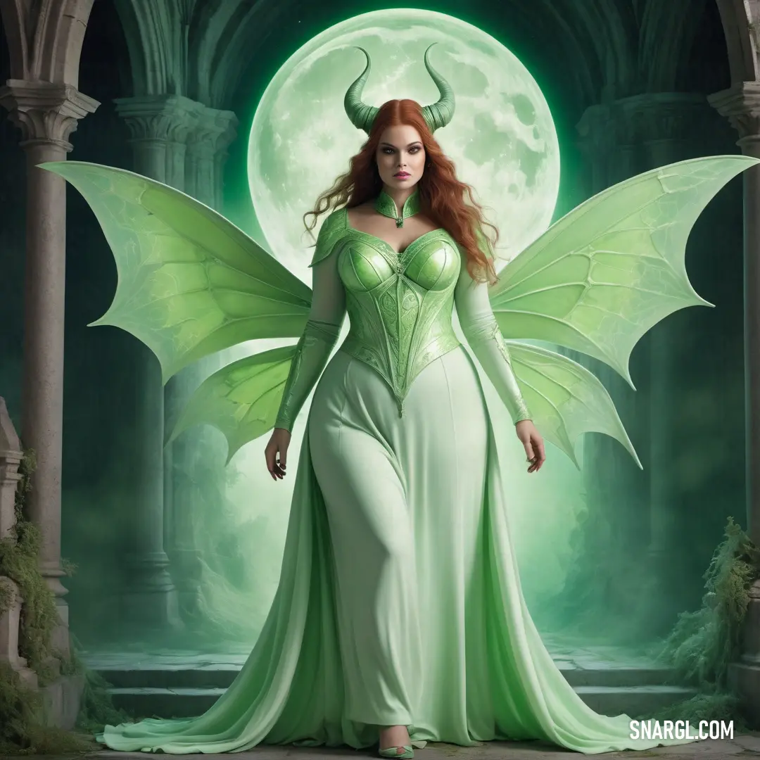 Woman dressed in a green costume standing in front of a full moon with a green cape and horns. Example of CMYK 43,0,41,0 color.