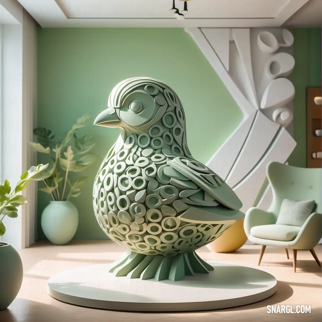 Green bird statue on top of a white table next to a chair and potted plant in a room. Example of CMYK 53,0,51,0 color.