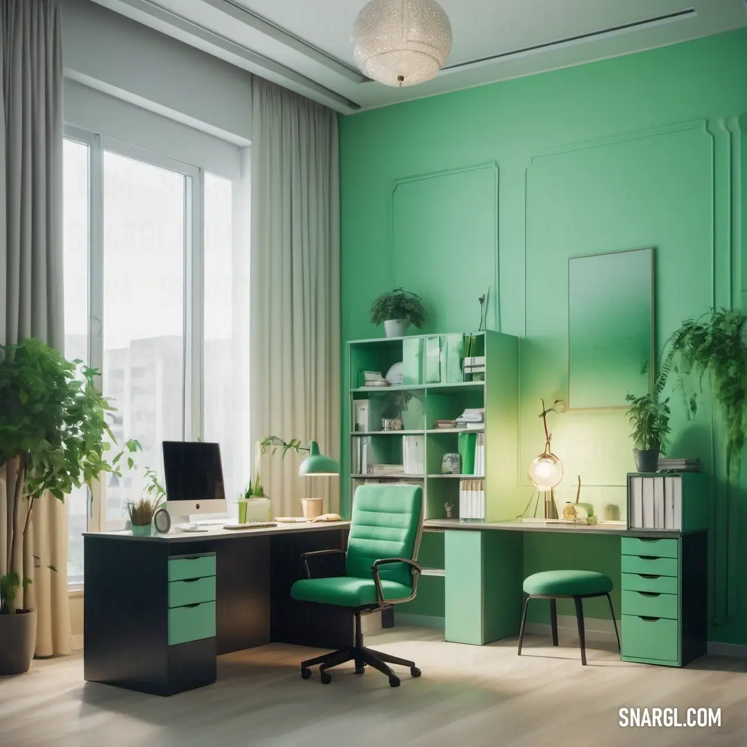 Green room with a desk and chair and a laptop on it and a potted plant in the corner. Color #87C597.