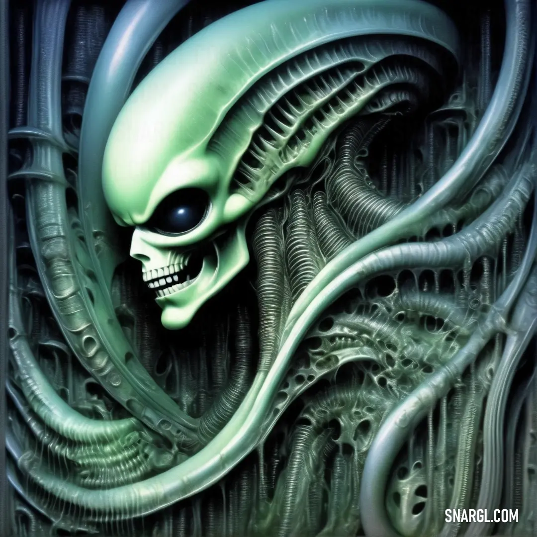 Painting of a green alien with a black eye and a green head and arms with a black background. Example of #87C597 color.