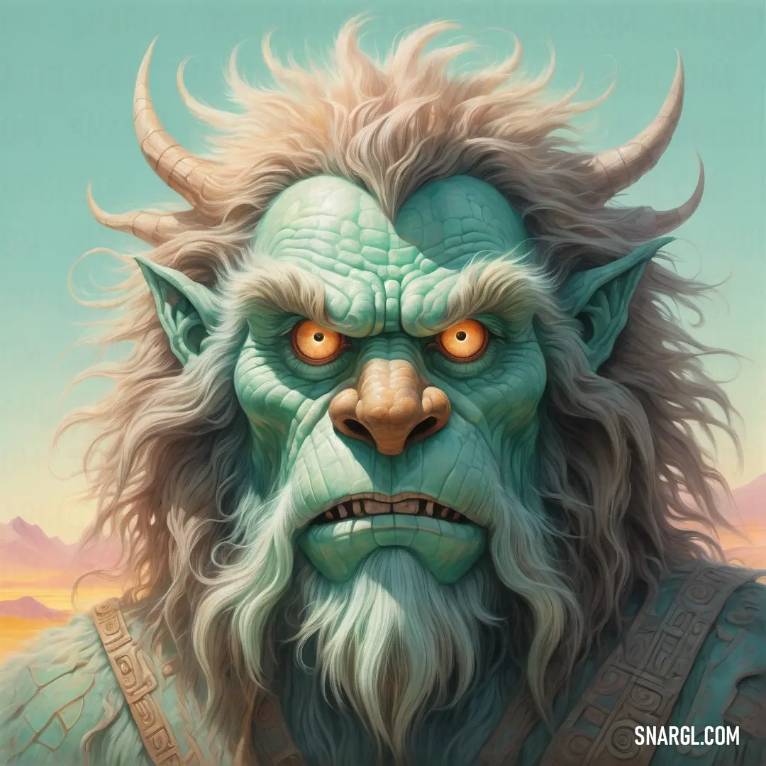 PANTONE 346 color example: Painting of a troll with long hair and orange eyes and a beard with horns and horns on his head