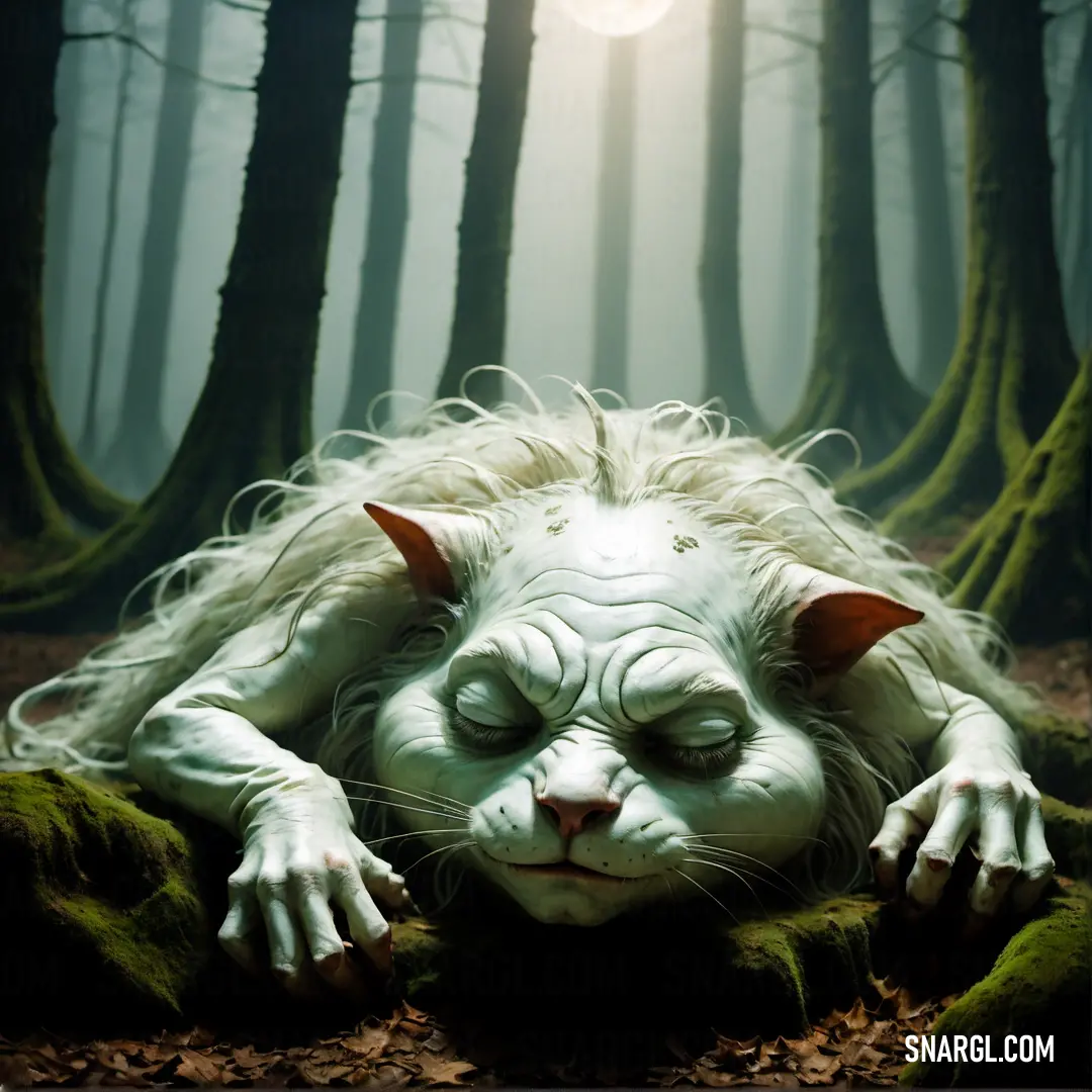 White creature with long hair laying in the woods with its eyes closed and eyes closed. Color #87C597.