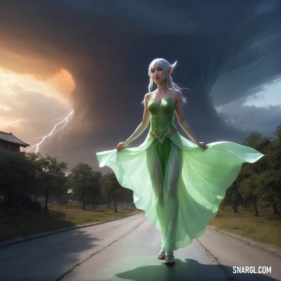 Woman in a green dress is walking down a road with a lightning in the background. Example of RGB 135,197,151 color.