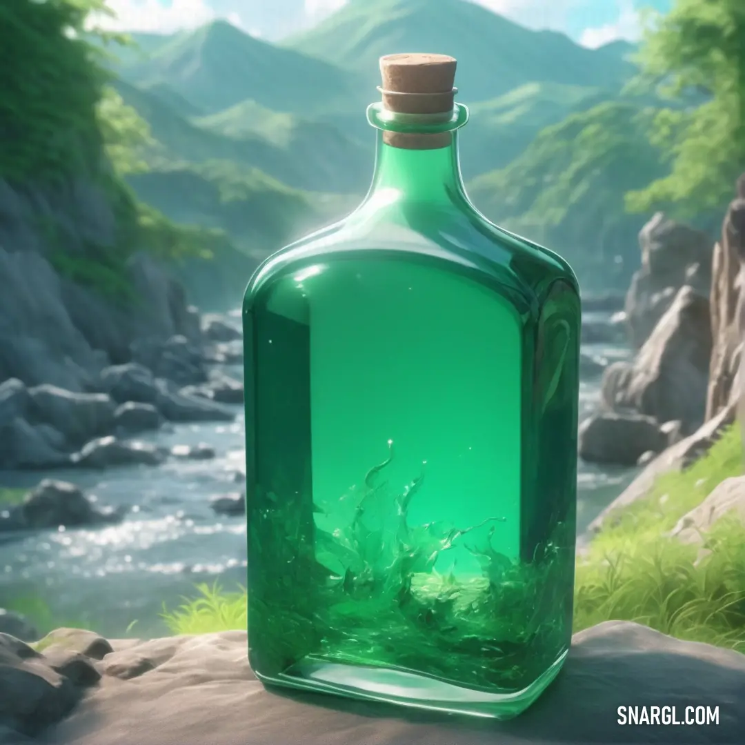 Bottle of green liquid on a rock near a river and mountains in the background with a small amount of water. Color CMYK 93,0,100,0.
