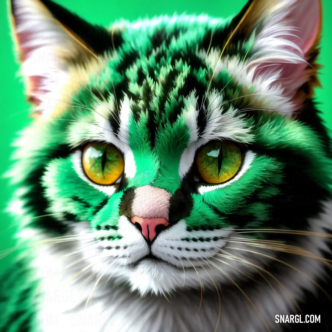 Green and white cat with yellow eyes and a green background is shown in this image. Color PANTONE 347.