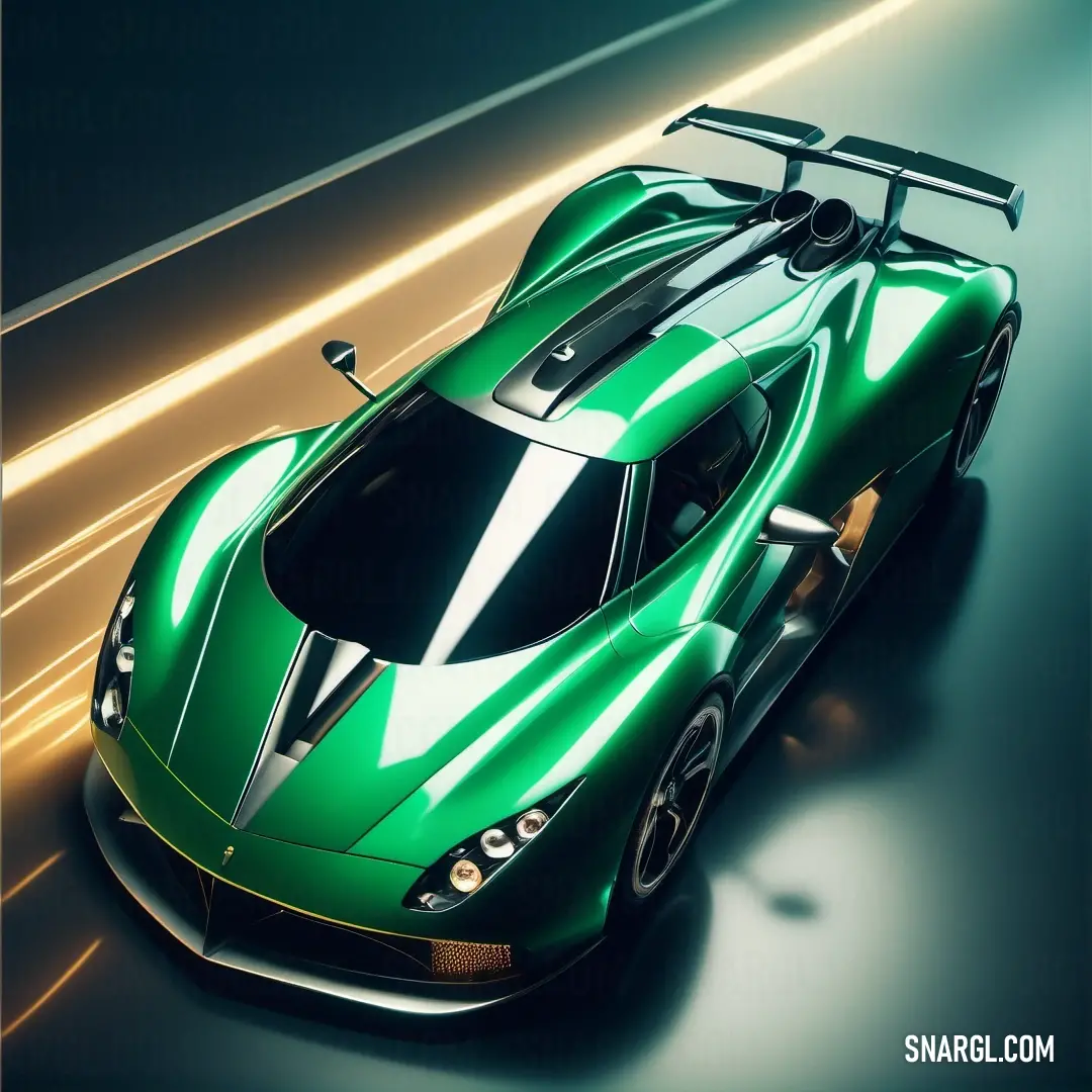 Green sports car driving down a road with a sky background and a light streak behind it. Color RGB 0,163,81.