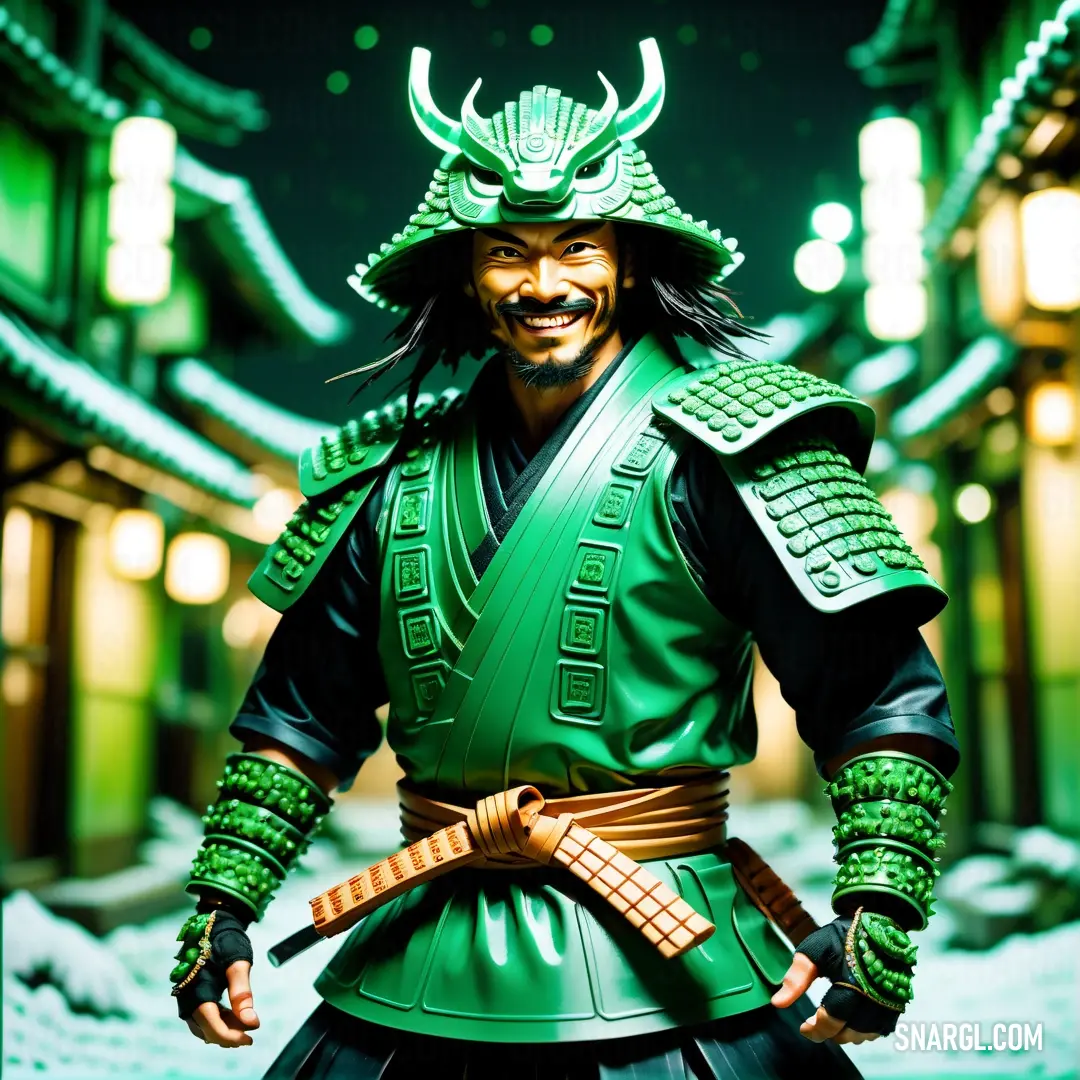 Man dressed in a green costume and holding a sword in his hand and smiling at the camera