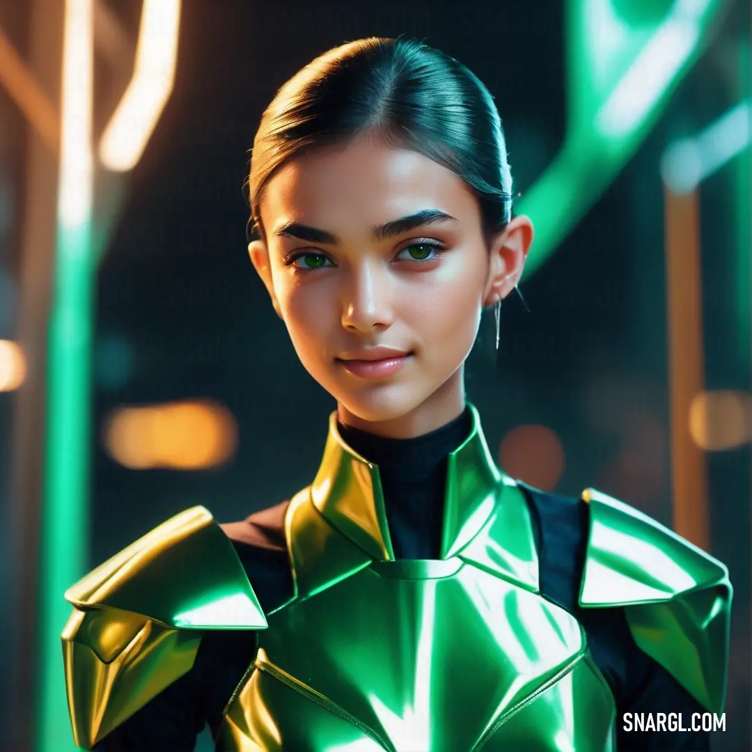 Woman in a green suit posing for a picture with green lights behind her and a black top