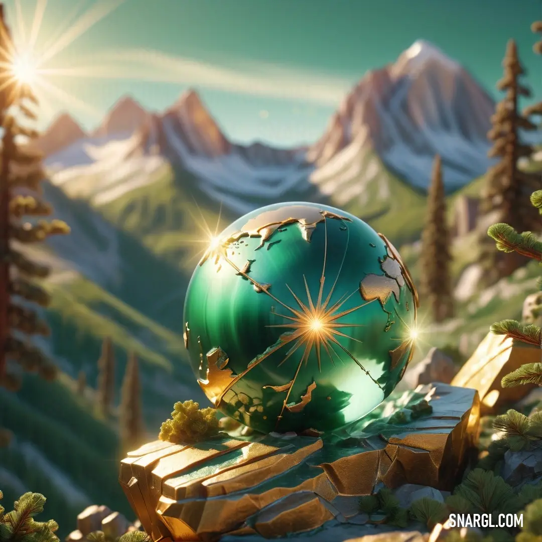 Green globe on top of a pile of rocks in the middle of a forest with mountains in the background. Example of PANTONE 348 color.