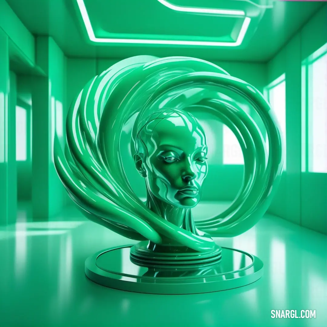 Green sculpture of a woman with a flowing hair in a room with green walls and a green ceiling. Example of RGB 0,143,76 color.