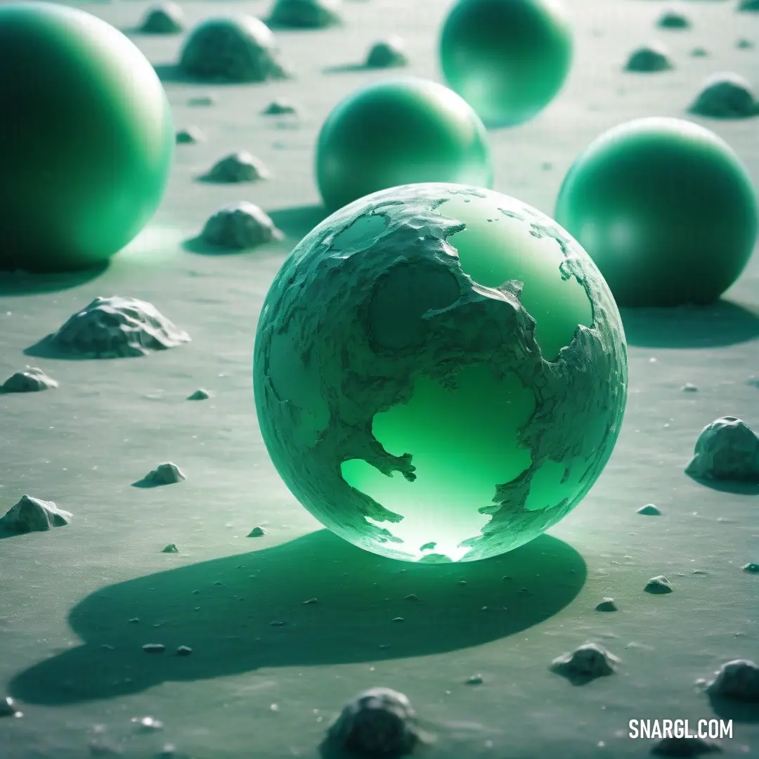 Group of green balls with a green light on them in a room filled with rocks and gravels. Color #008F4C.