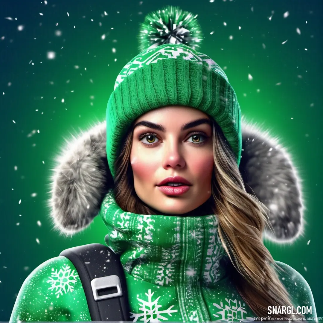 Woman in a green hat and green coat with a cell phone in her hand and a green background. Color #008F4C.