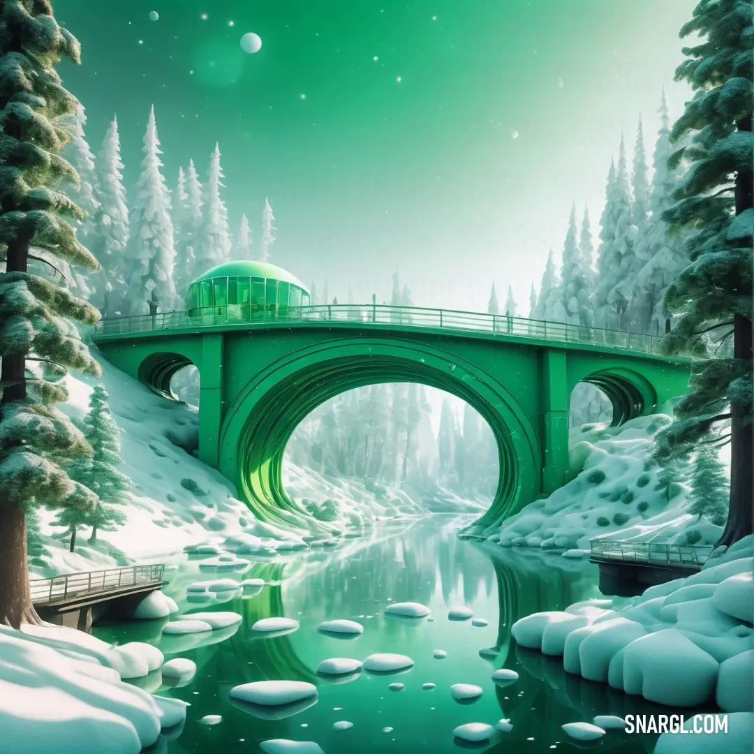 PANTONE 349 color example: Bridge over a river surrounded by snow covered trees and a green dome on top of it with a green dome on top