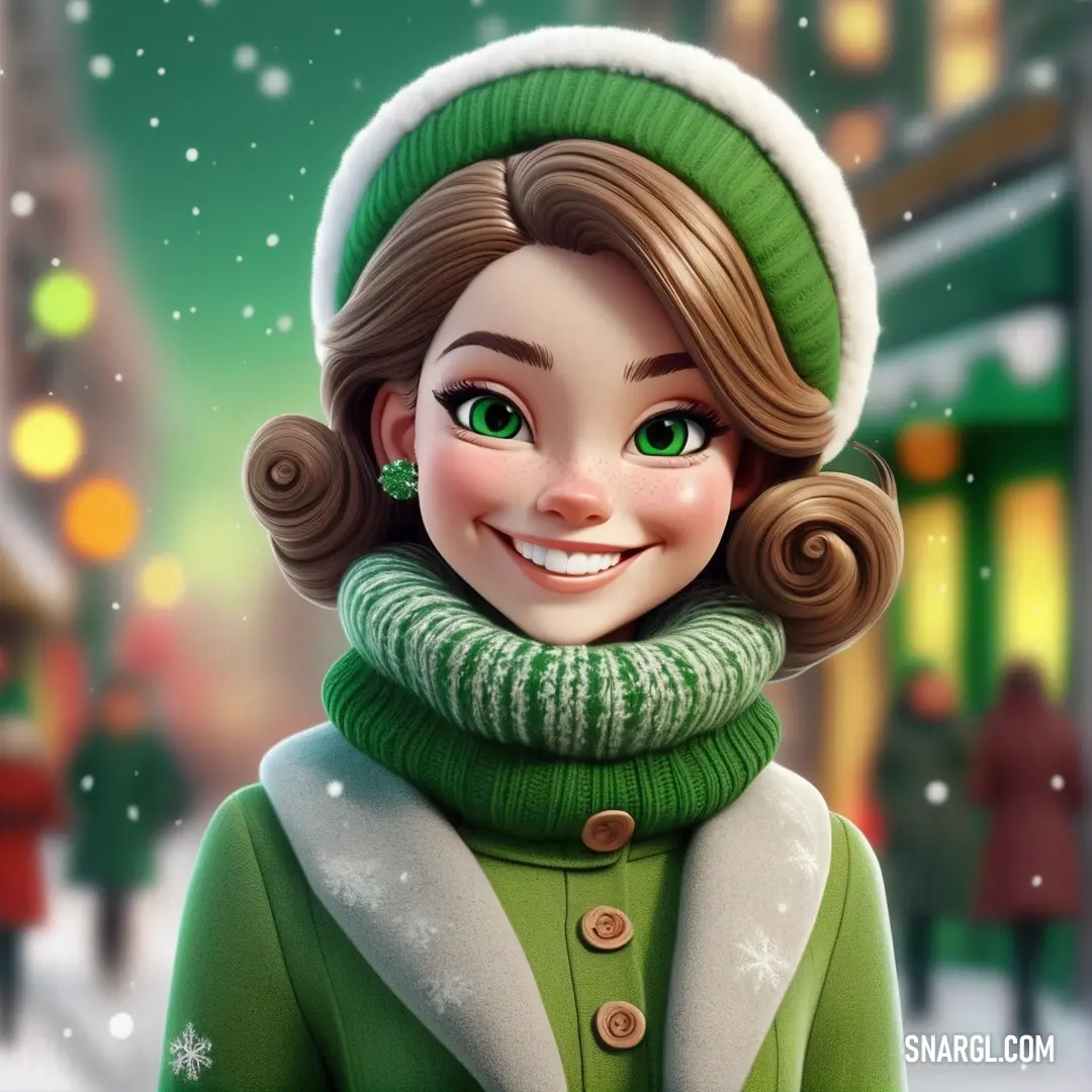 Cartoon girl wearing a green sweater and a green hat and scarf with a green and white scarf around her neck. Color RGB 30,112,64.