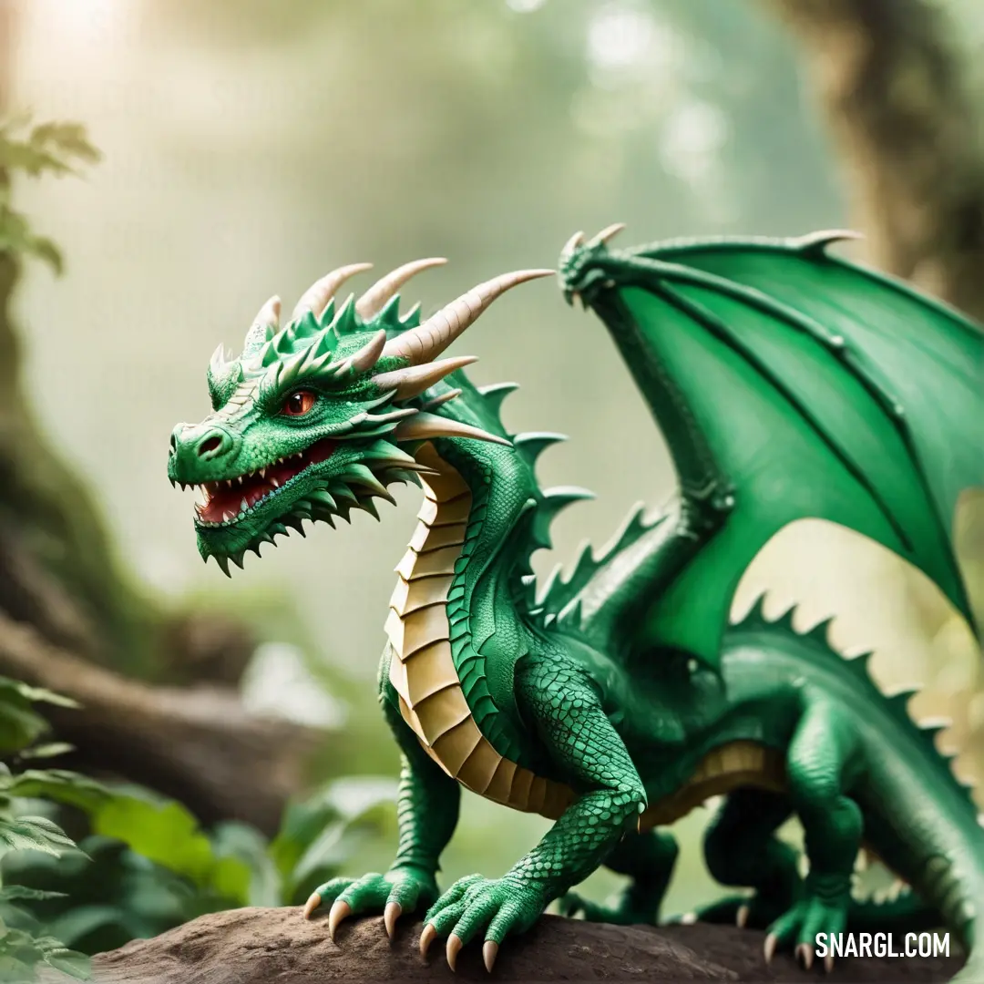 PANTONE 349 color example: Green dragon statue on a rock in a forest with trees and bushes in the background