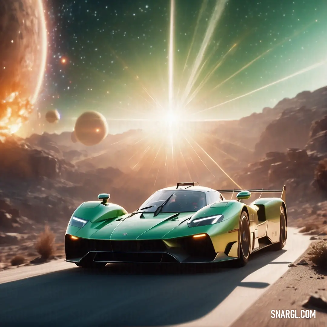 PANTONE 349 color. Green sports car driving on a road in front of a planet with a star in the background