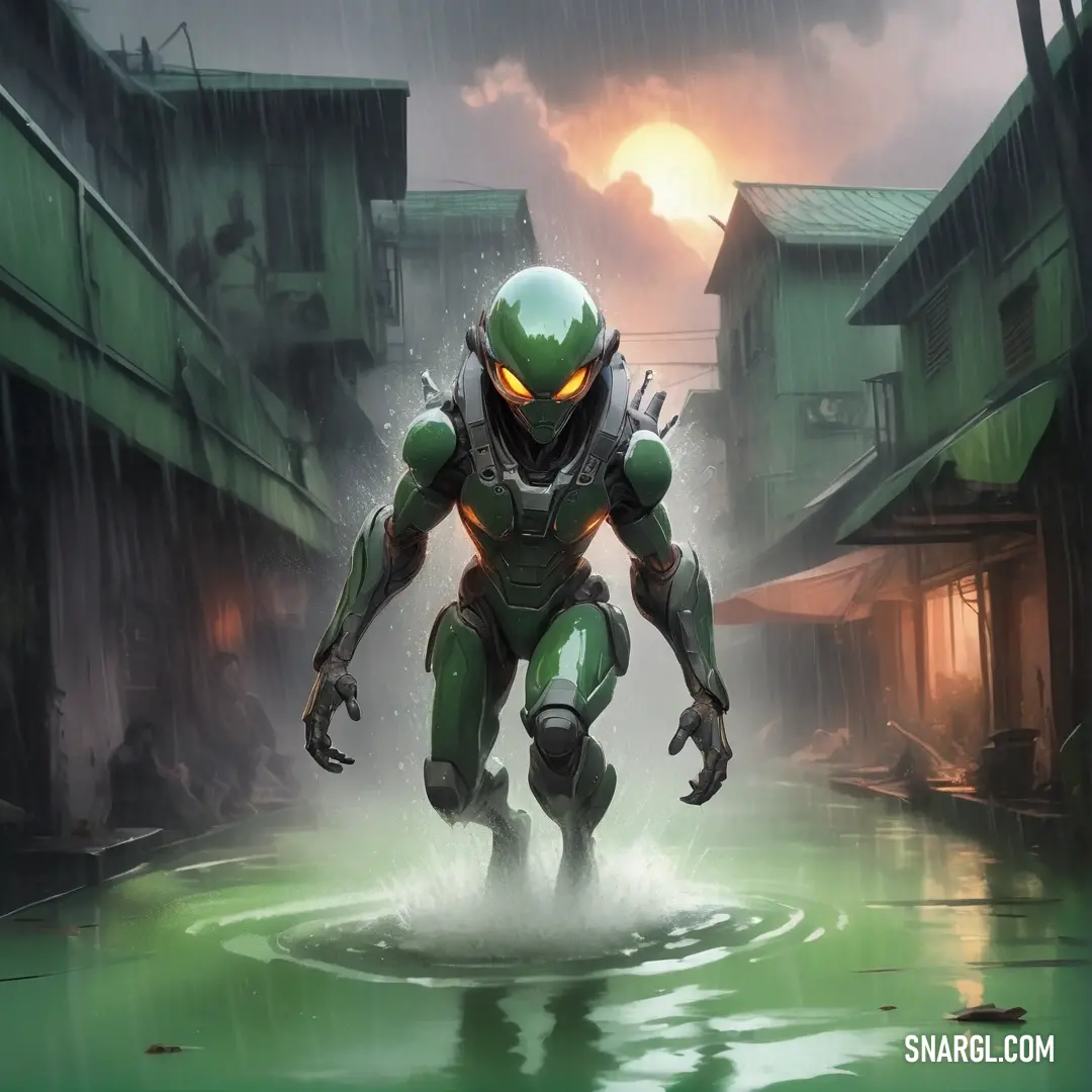 Man in a green suit is standing in a puddle of water in a city setting with buildings and a green and yellow robot