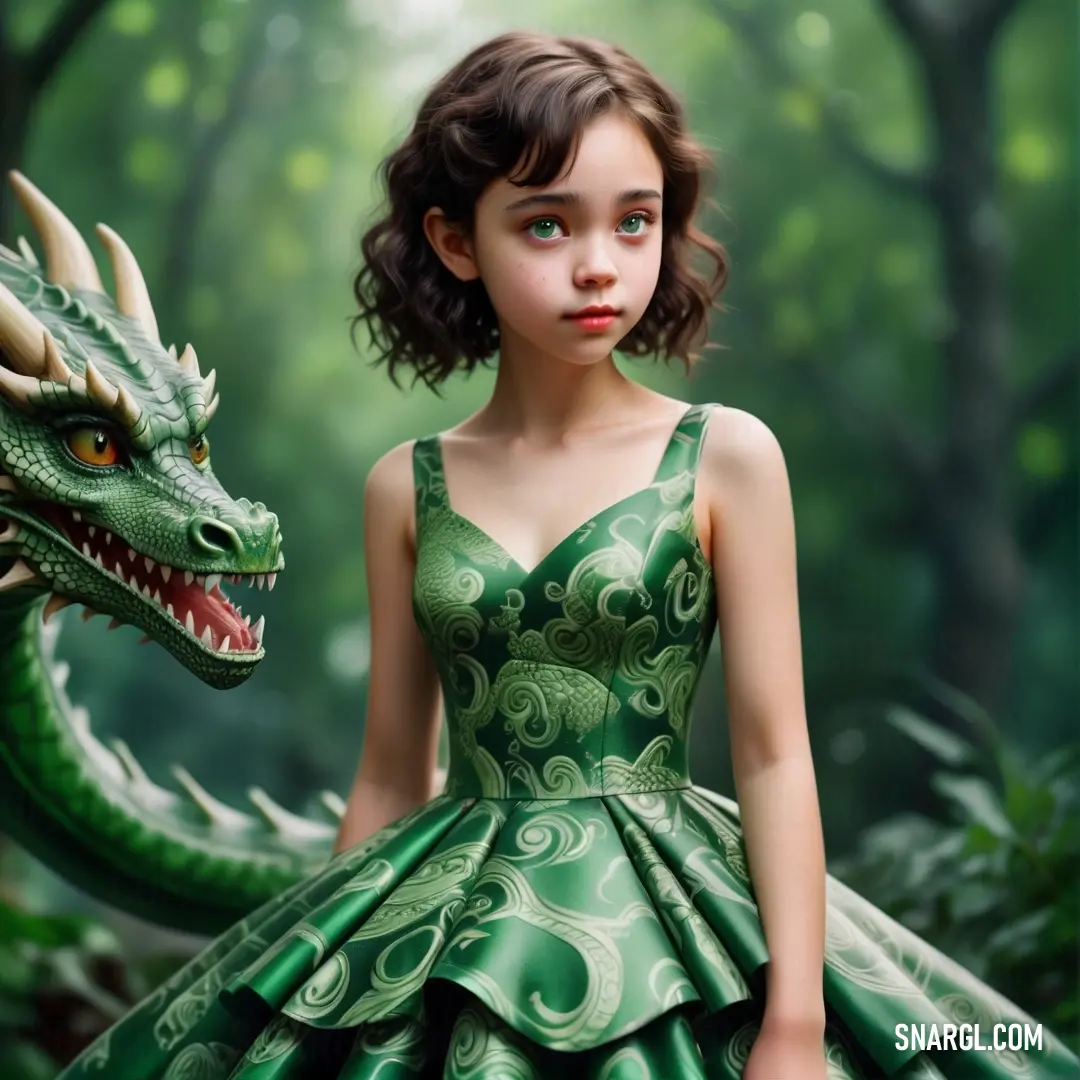 Young girl in a green dress standing next to a green dragon statue in a forest with trees and bushes. Color CMYK 90,12,95,40.