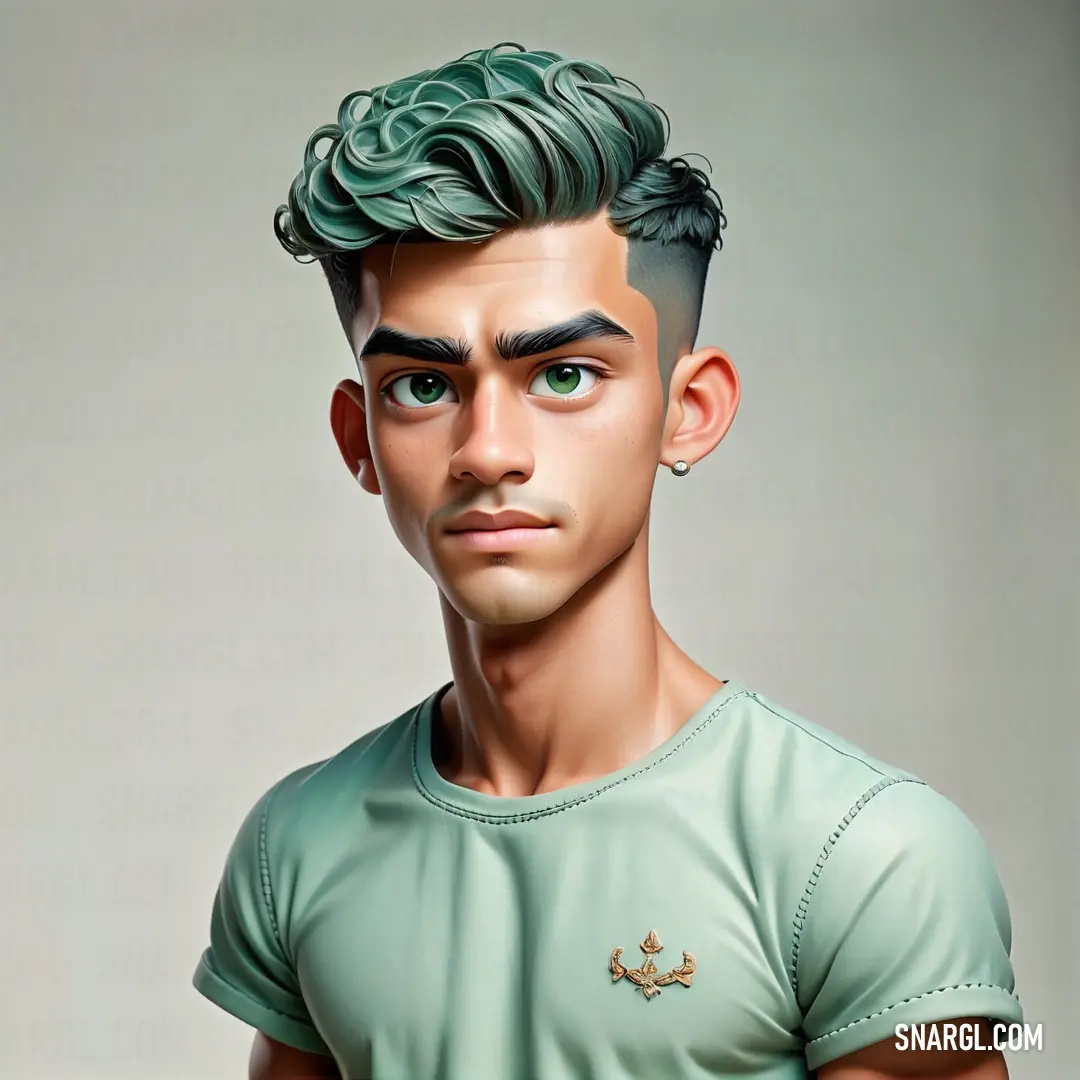 PANTONE 351 color example: Man with a green shirt and a green haircut is shown in a digital painting style