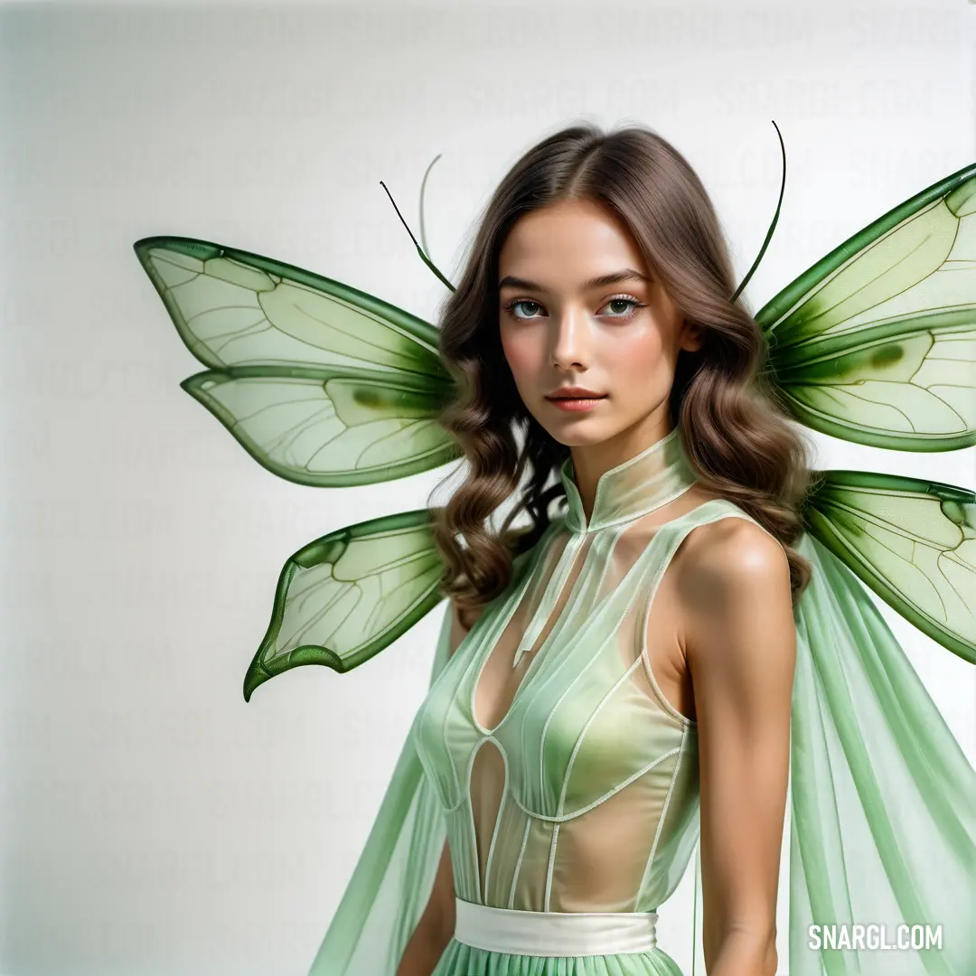Woman in a green dress with a butterfly wings on her head and a green dress on her body. Example of RGB 190,219,191 color.