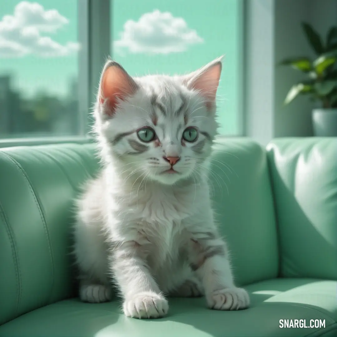 White kitten on a green couch looking at the camera with a green background. Color PANTONE 352.