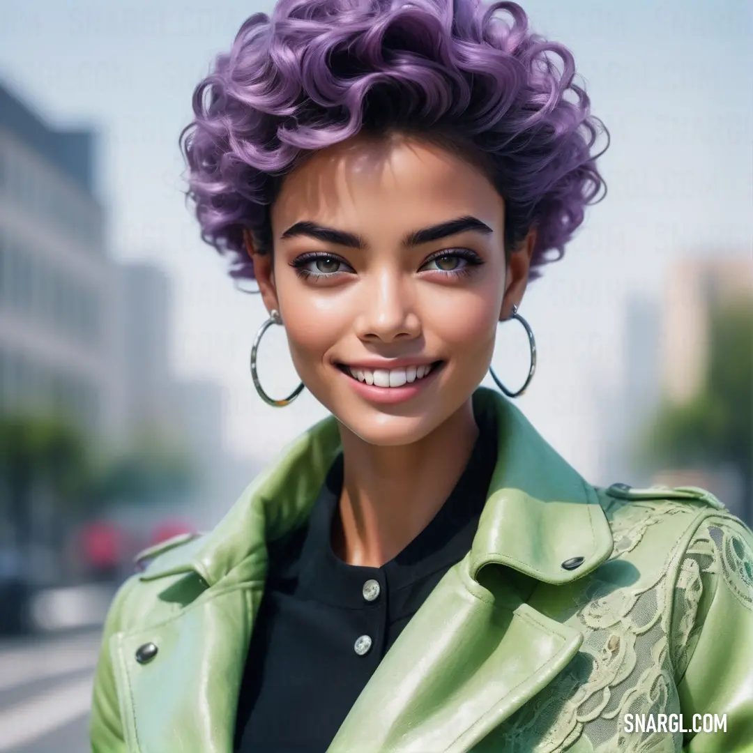 Woman with purple hair and a green jacket smiling at the camera with a city in the background. Example of PANTONE 352 color.