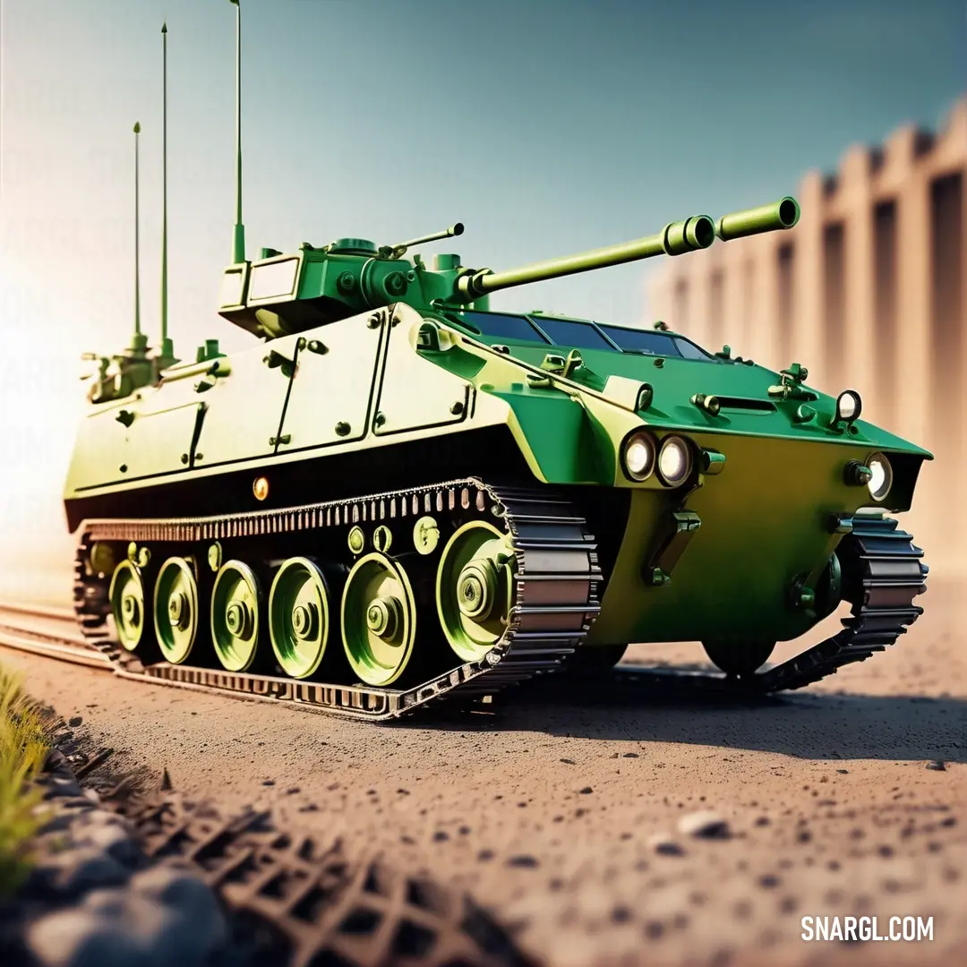Green and black tank on a road near a wall and grass area with a sun in the background. Color RGB 61,170,75.