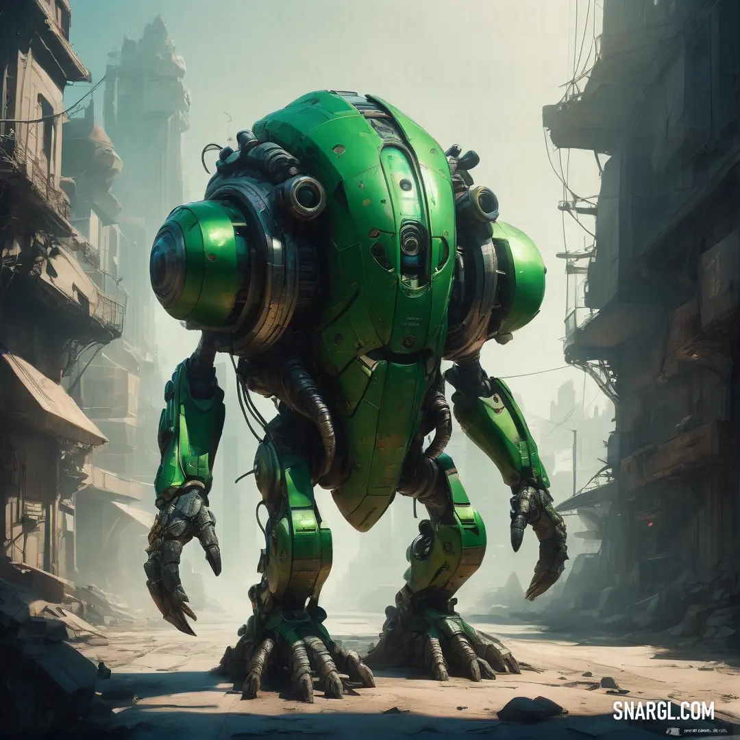 PANTONE 354 color example: Green robot standing in a dirty city street with a giant robot behind it's back legs and arms