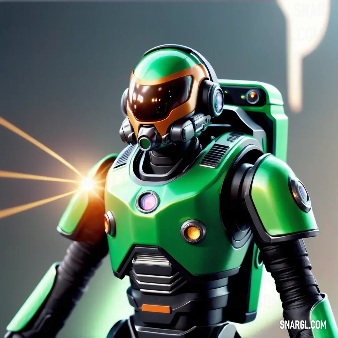 Green robot with a light on his face and a helmet on his head. Example of #3DAA4B color.