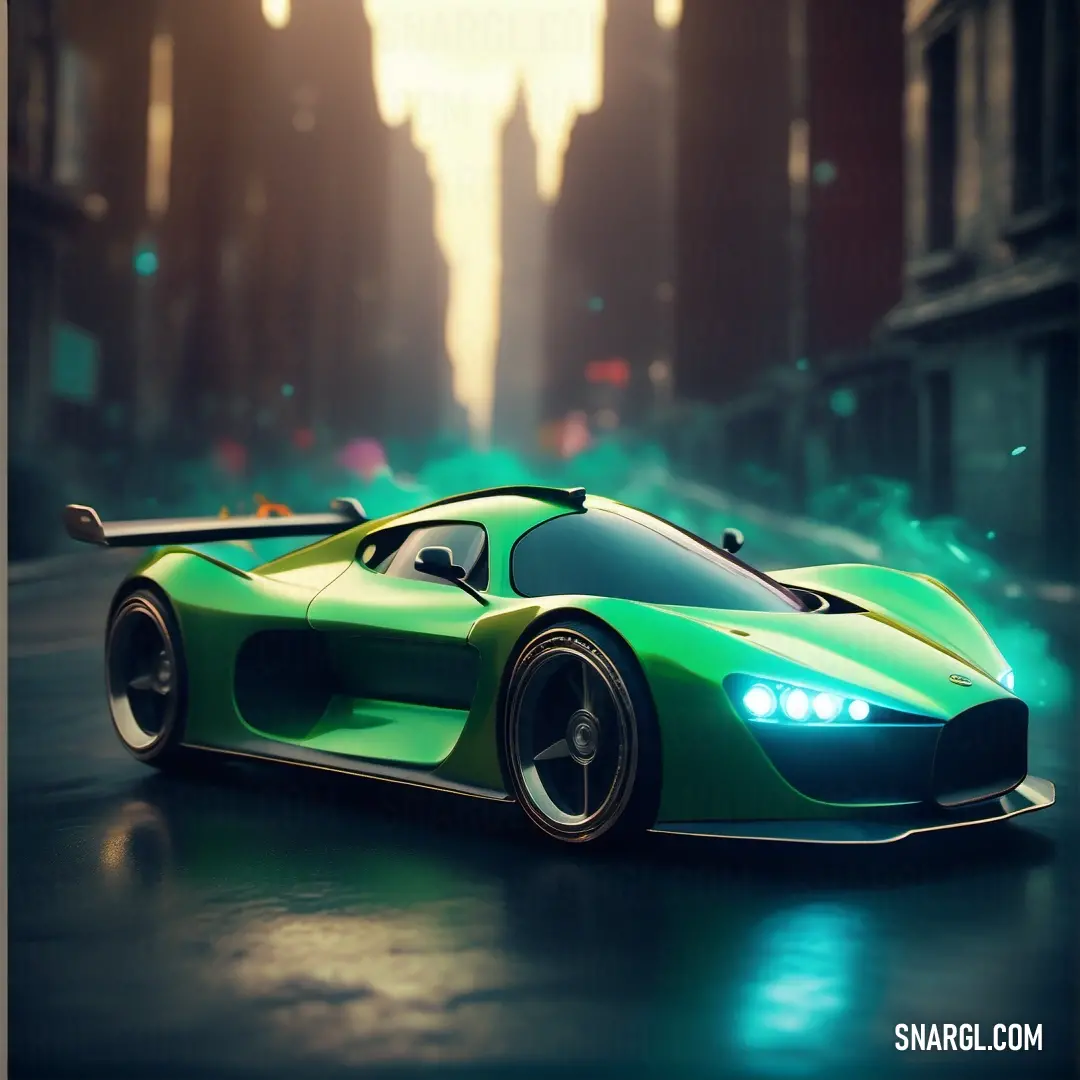 Green sports car driving down a city street at night with a bright light on the top of it. Example of CMYK 81,0,92,0 color.