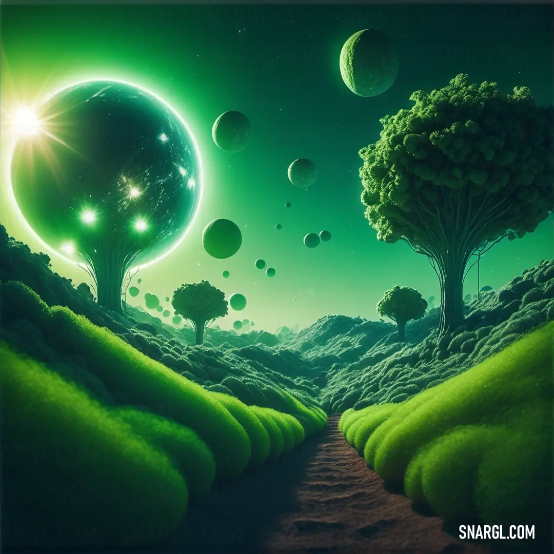Painting of a green landscape with trees and planets in the sky and a dirt path leading to a green field. Example of CMYK 81,0,92,0 color.