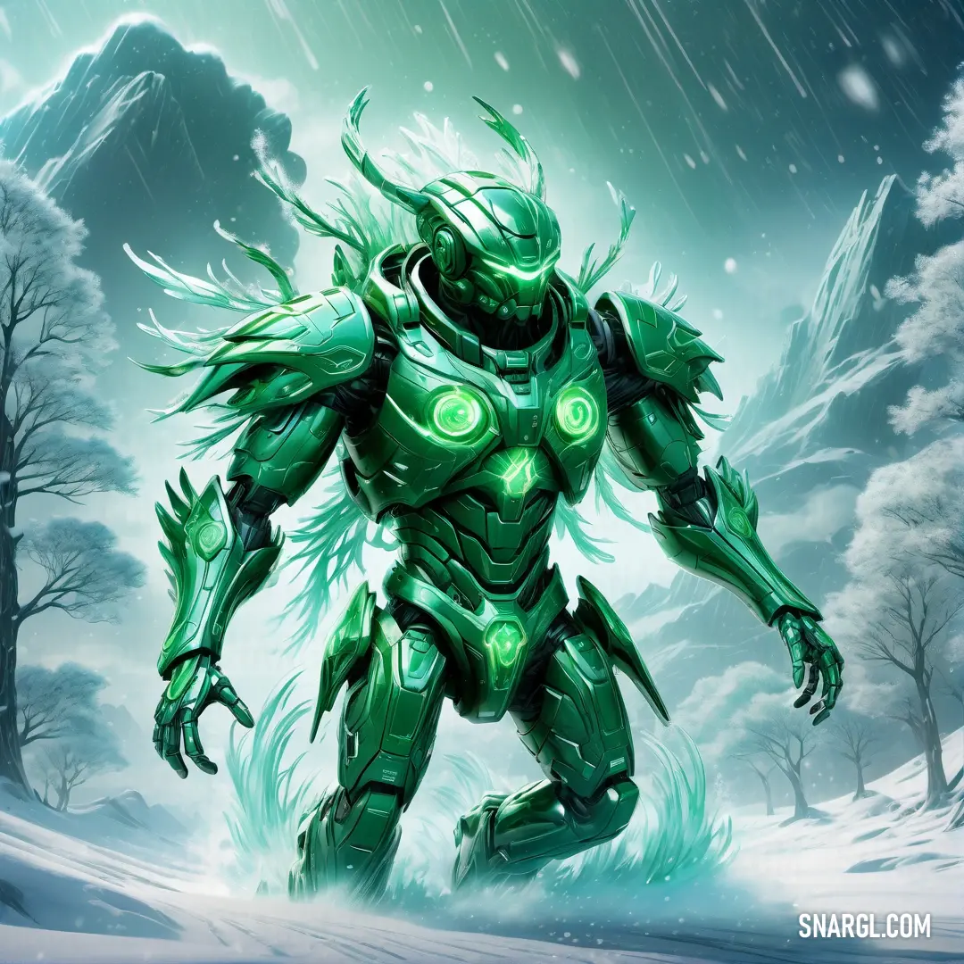 Green robot is walking through the snow in a snowy landscape with trees and snow flakes on the ground. Example of #00A144 color.