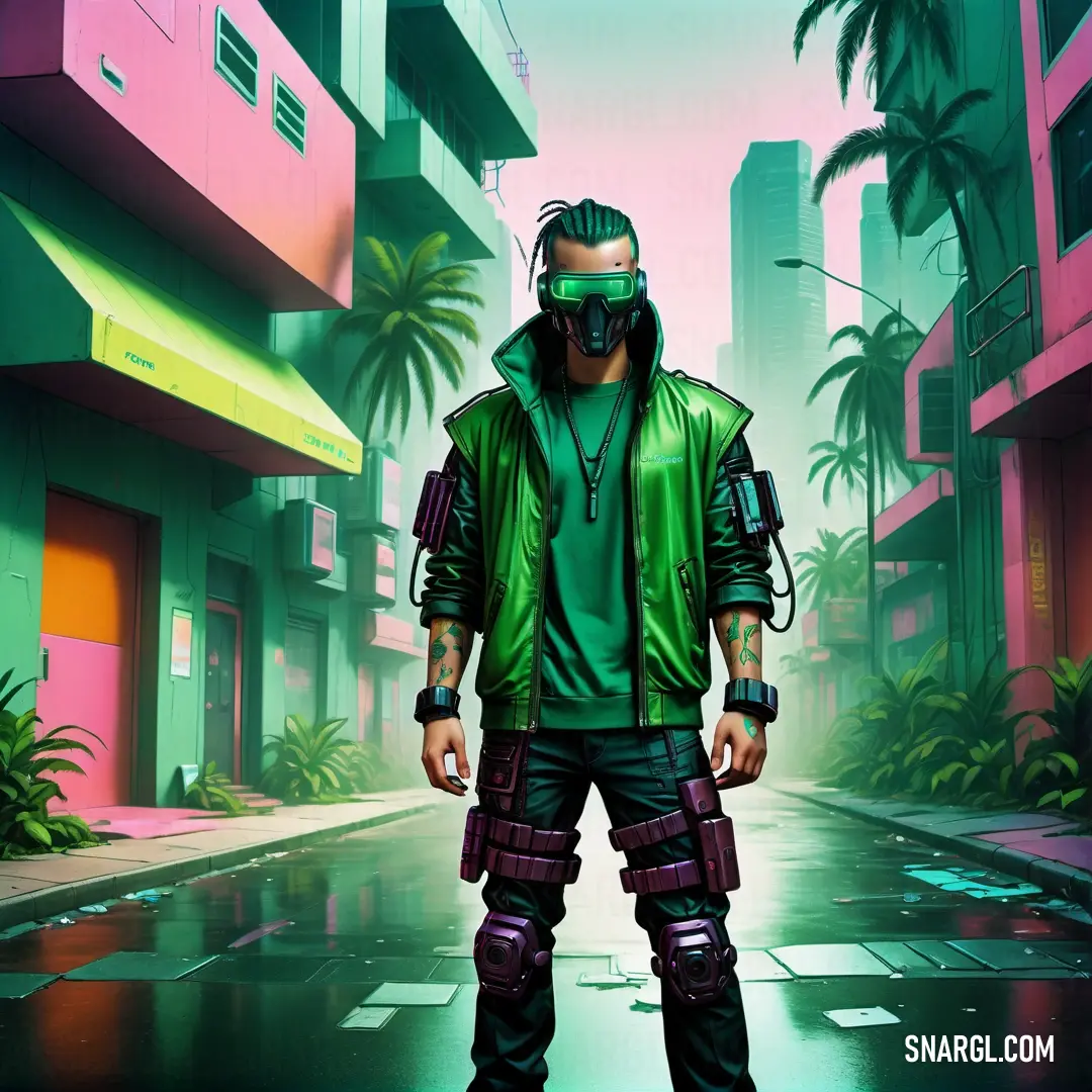 Man in a green jacket and goggles standing in a city street with palm trees and buildings in the background. Example of PANTONE 355 color.