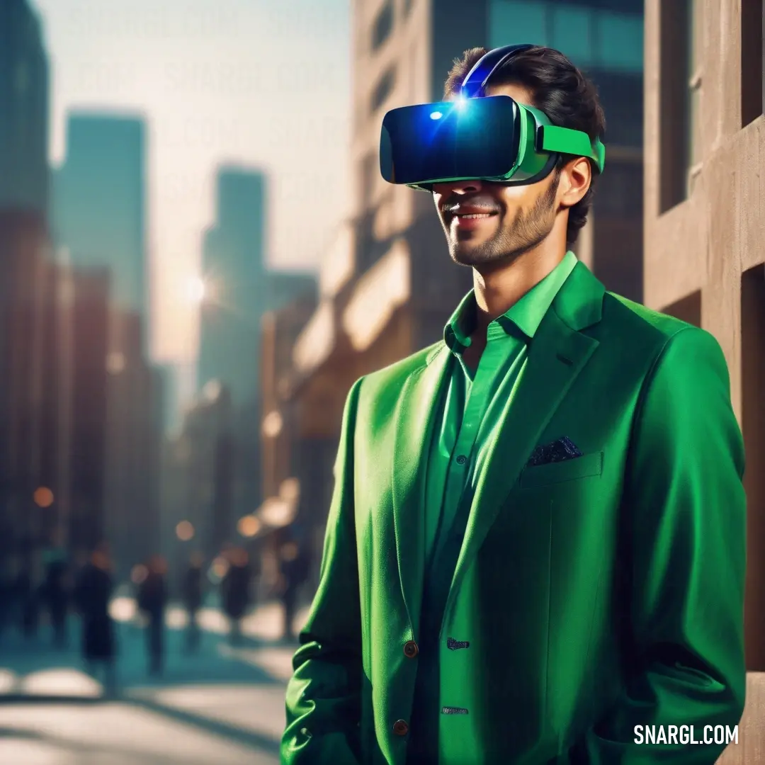 Man in a green suit wearing a virtual reality headset in a city street with buildings in the background. Color CMYK 91,0,100,0.