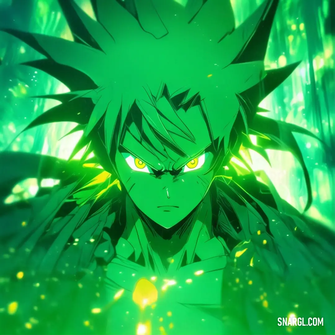 PANTONE 355 color example: Man with green hair and yellow eyes in a forest with green leaves and glowing lights on his face