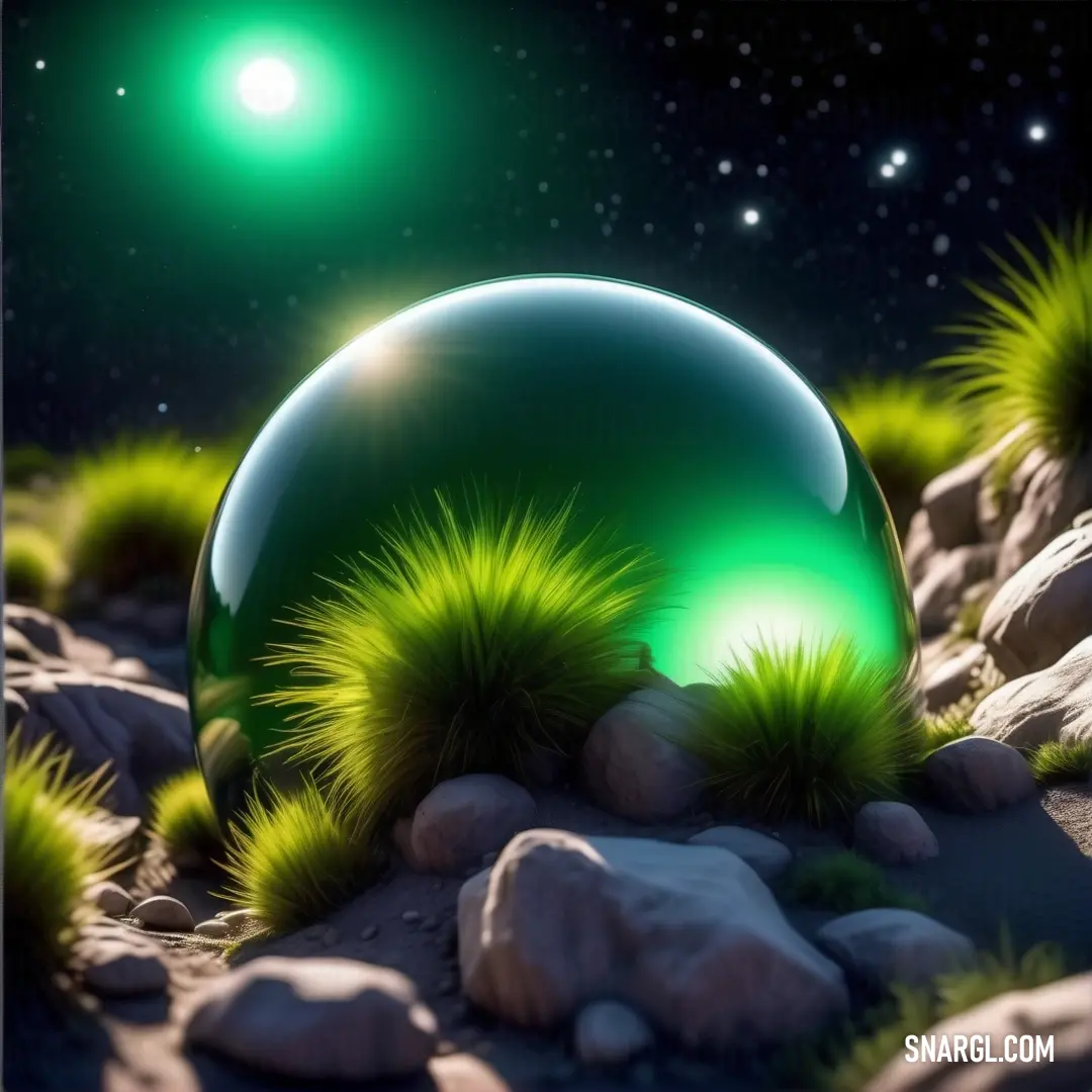Green ball on top of a rocky field next to a green light in the sky above it. Example of RGB 0,129,57 color.